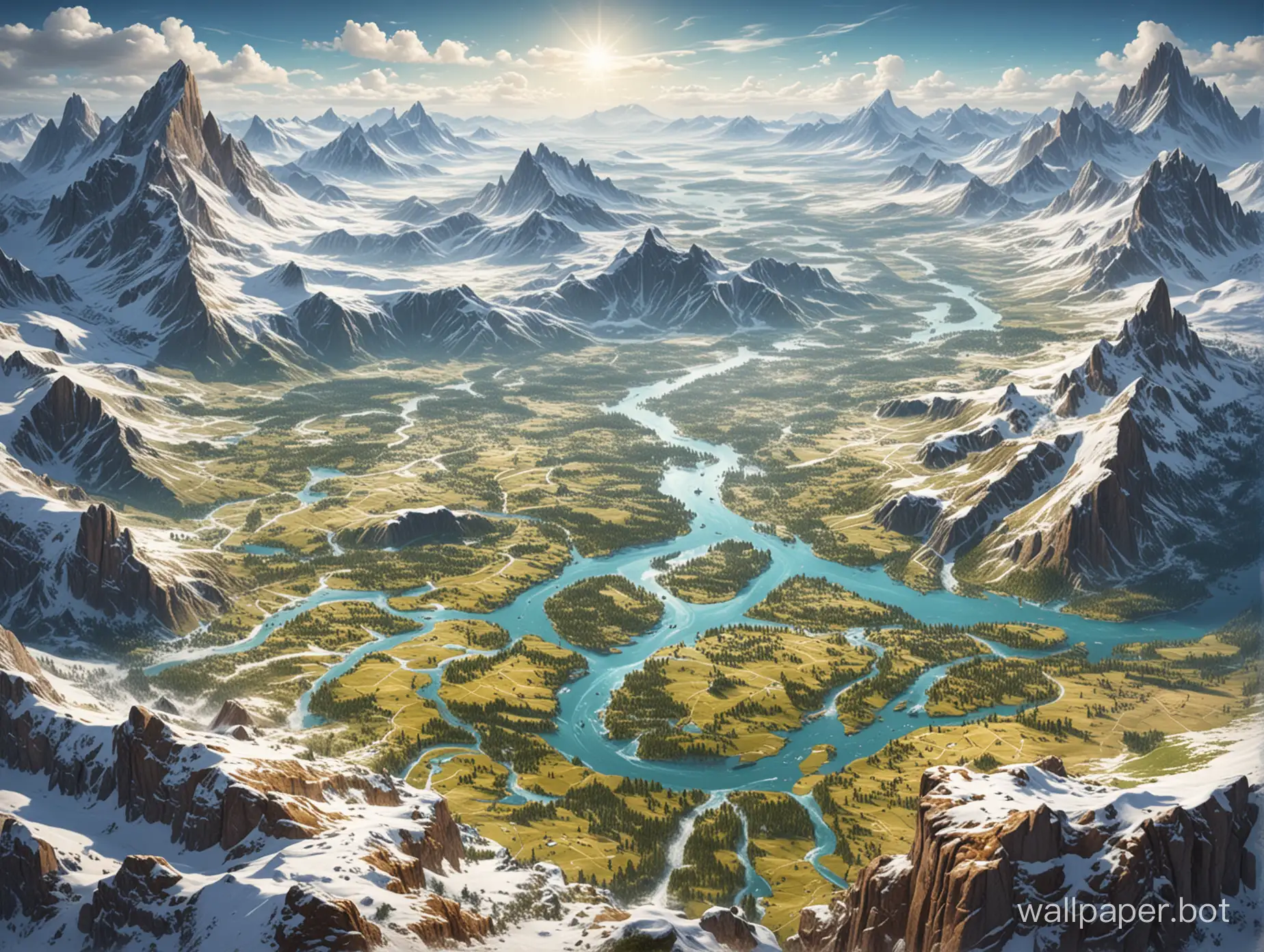 Fantasy world map, top view, various landscapes, top view, snow, forests, mountains, rivers, plains, cities