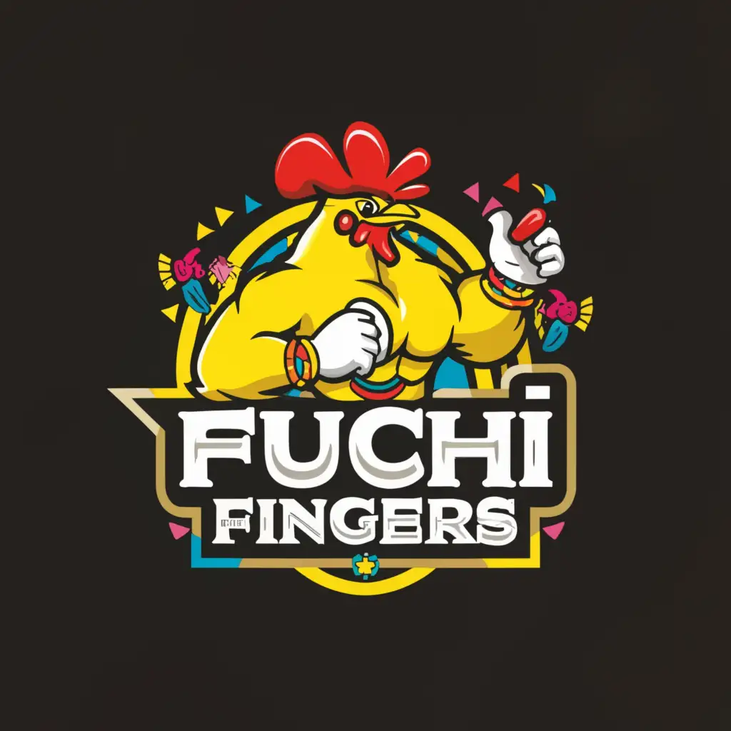 a logo design,with the text 'Fuchi fingers', main symbol:A big and muscular chicken with carnaval accesories,Minimalistic,be used in Restaurant industry, with a yellow background
