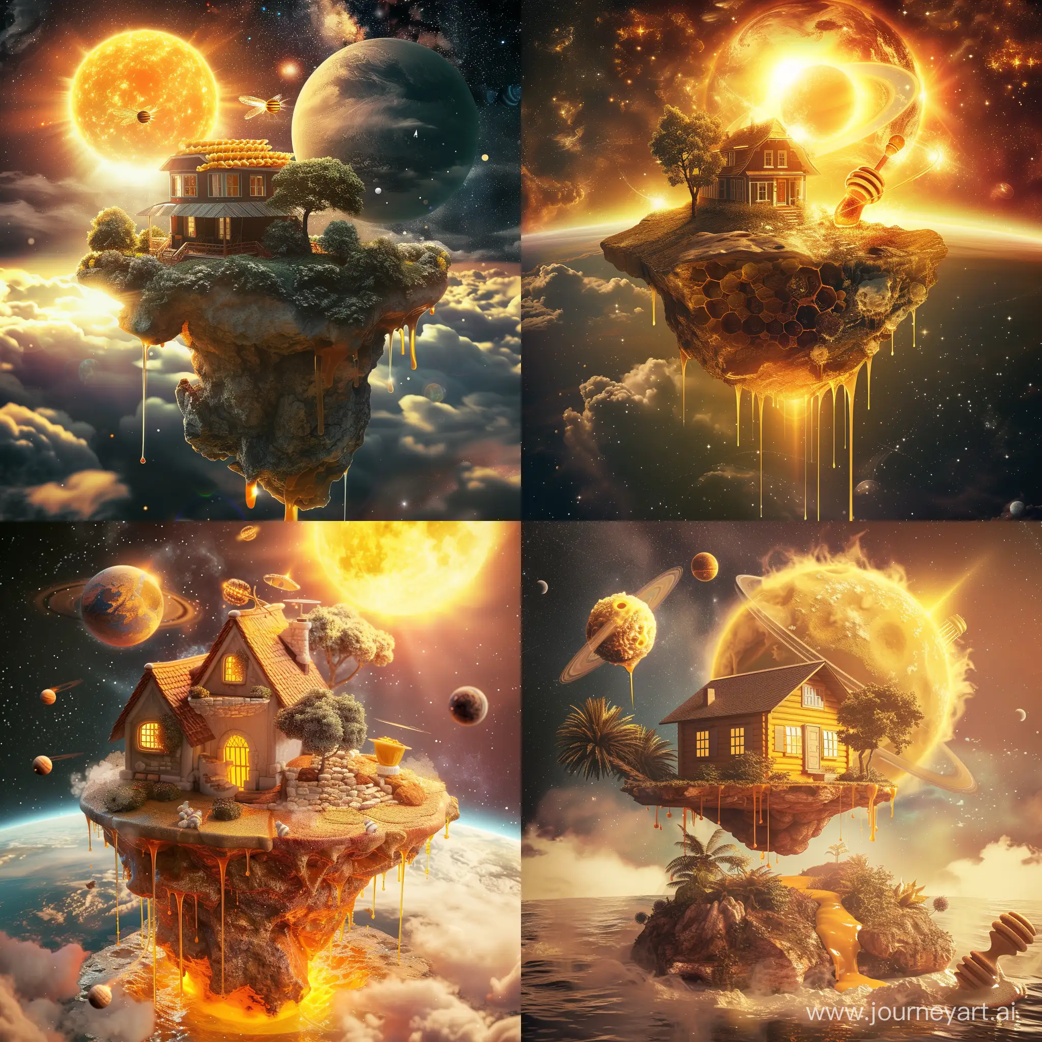 mixing of island and house and honey and planet and sun, in the galaxy, fantasy style, realistic