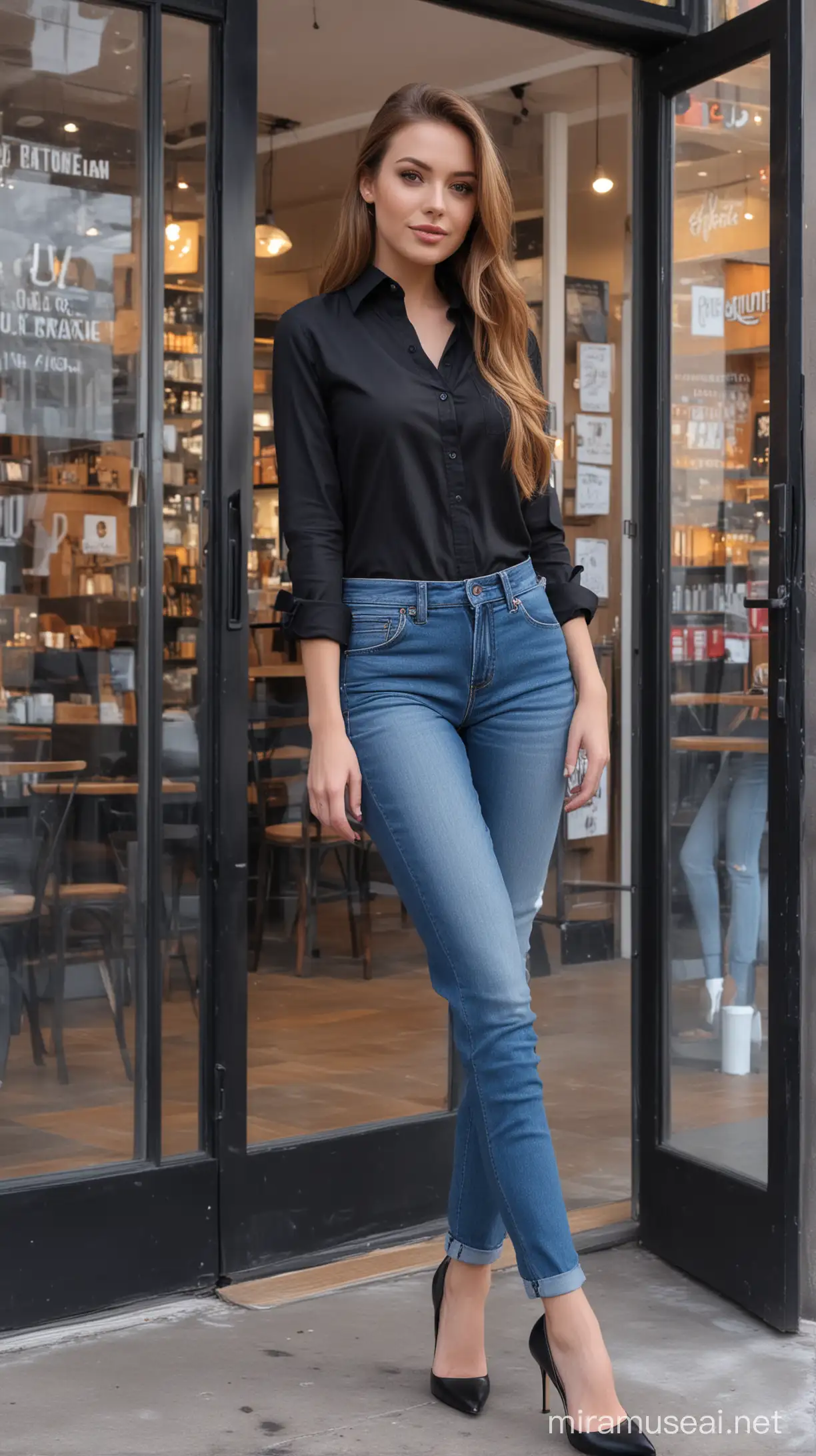 Stylish American Woman in Colorful Denim and Black Shirt at Urban Coffee Shop Entrance