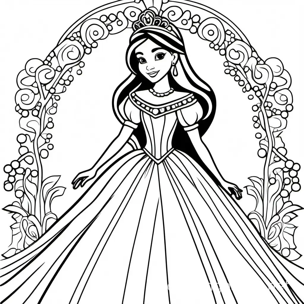 A beautiful princess wearing a beaded dress, Coloring Page, black and white, line art, white background, Simplicity, Ample White Space. The background of the coloring page is plain white to make it easy for young children to color within the lines. The outlines of all the subjects are easy to distinguish, making it simple for kids to color without too much difficulty
