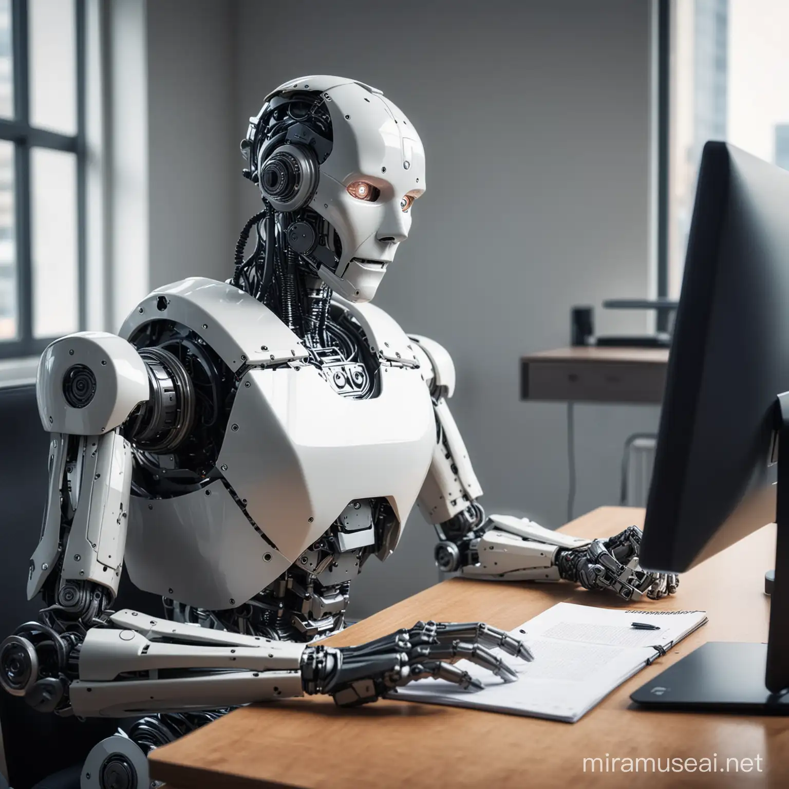 robot in a journalist office writing an article on computer as typical journalist
