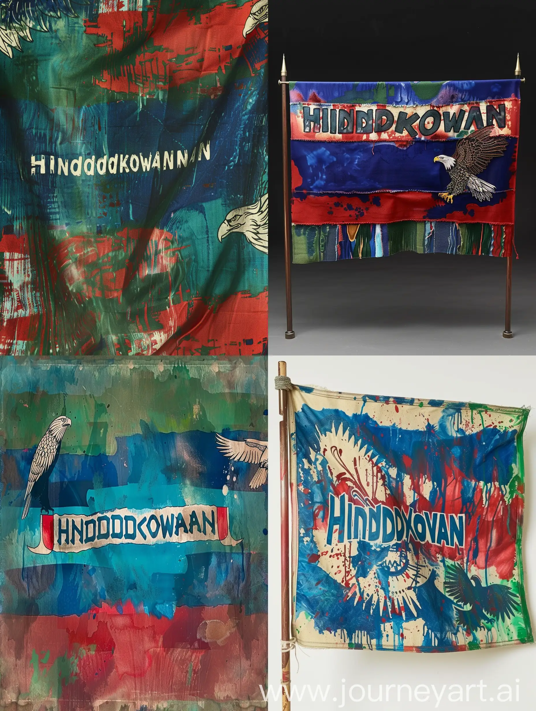 Flag with color blue,red,green ink in the middle with the text "hindkowan" also eagle on both right,left side