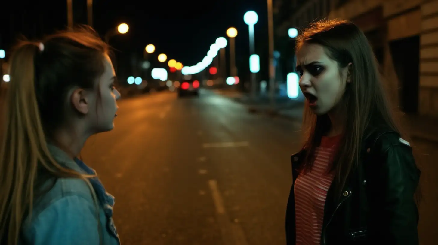 angry beauty girl talk to another girl in the street darkness soft light traffic
