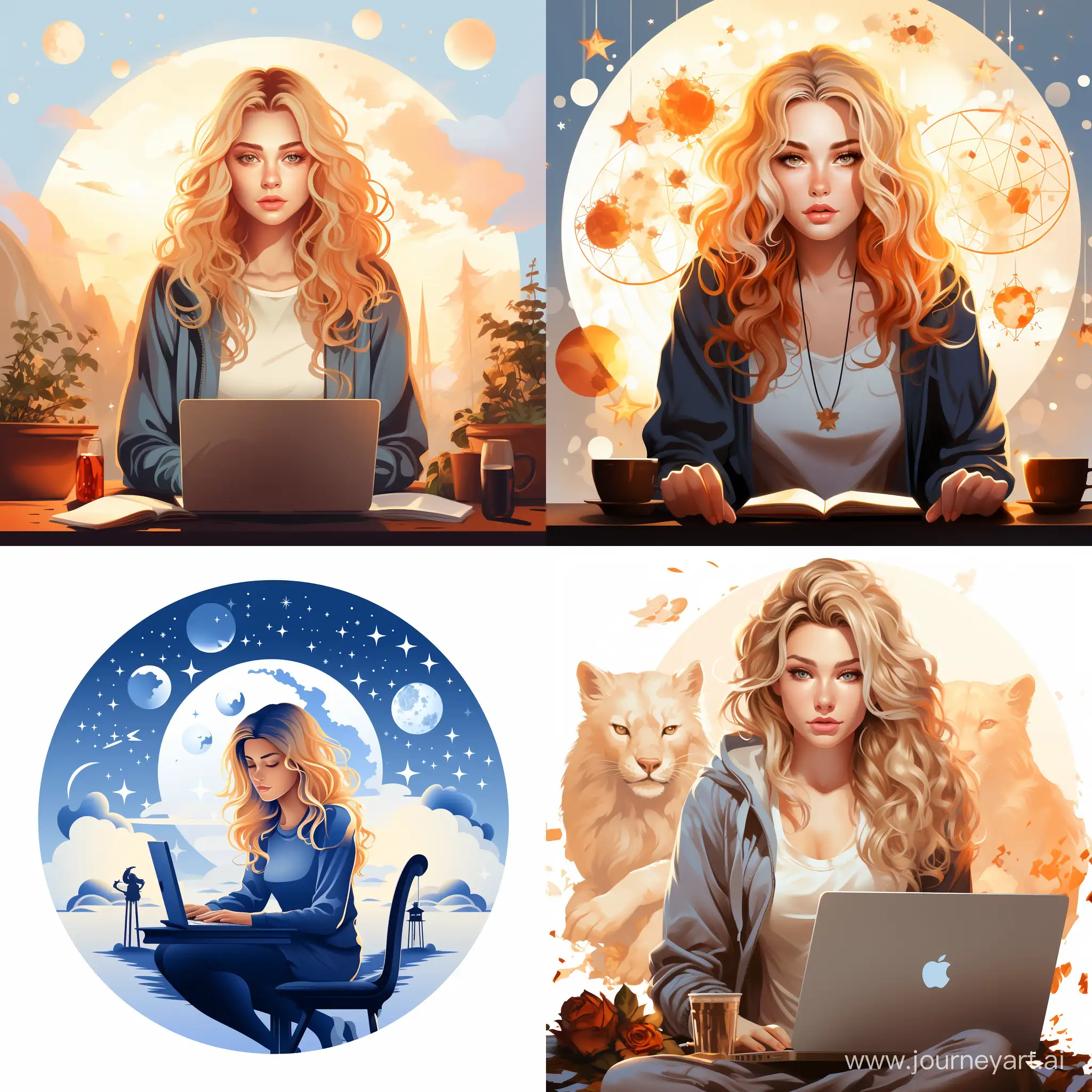 simple flat vector illustration of a young blond woman sitting at her desk with a laptop, astrologer, asrology sighs, isolated on a white background --stylize 1000