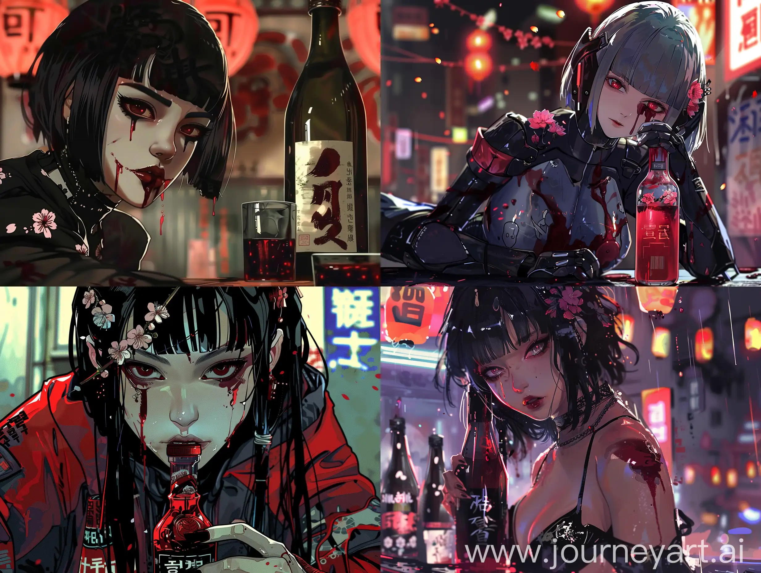 cyberpunk, anime style, soju with blossoms and blood in it
