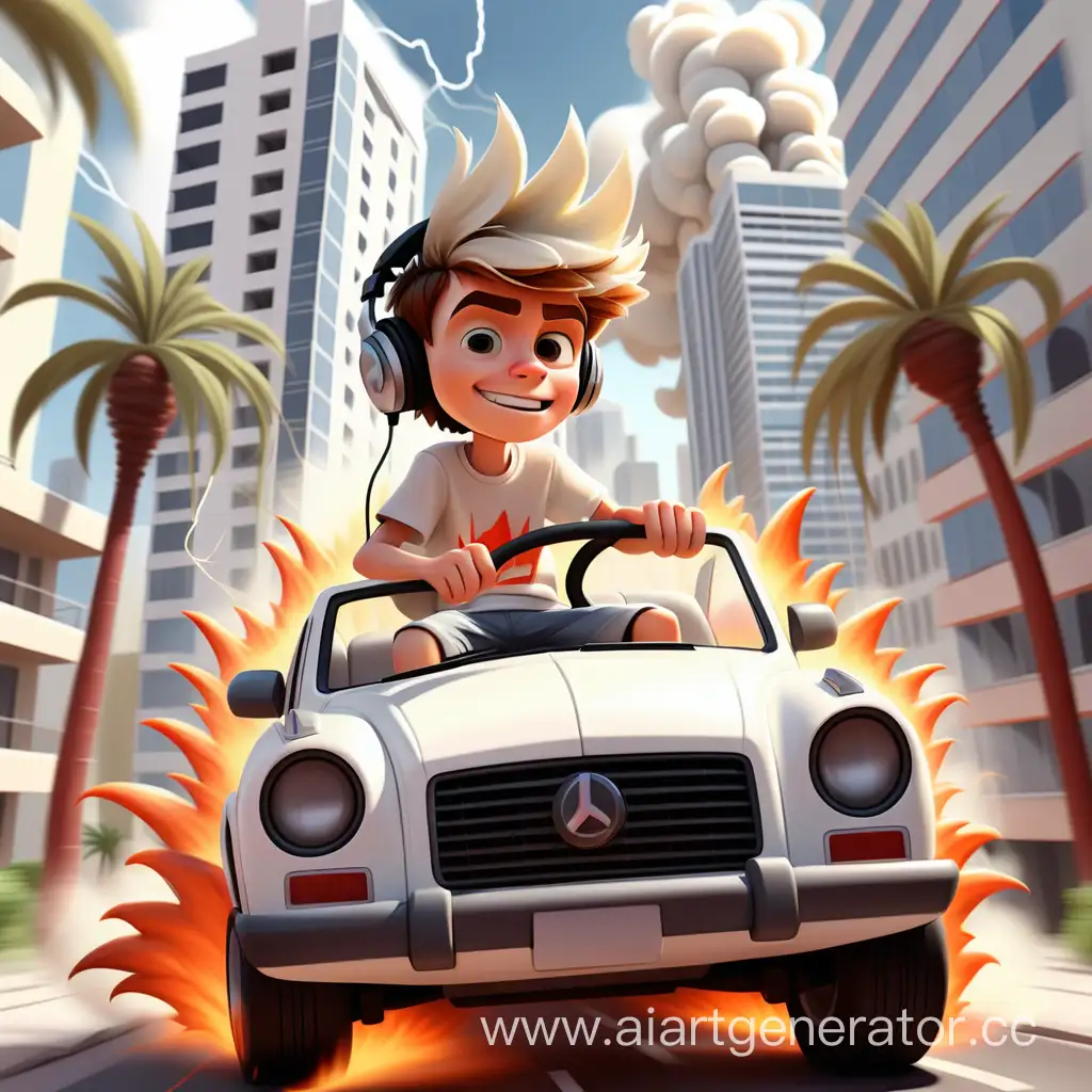 cartoonish cheerful boy in headphones rides in a white burning car, around palms and high-rise buildings and lightning