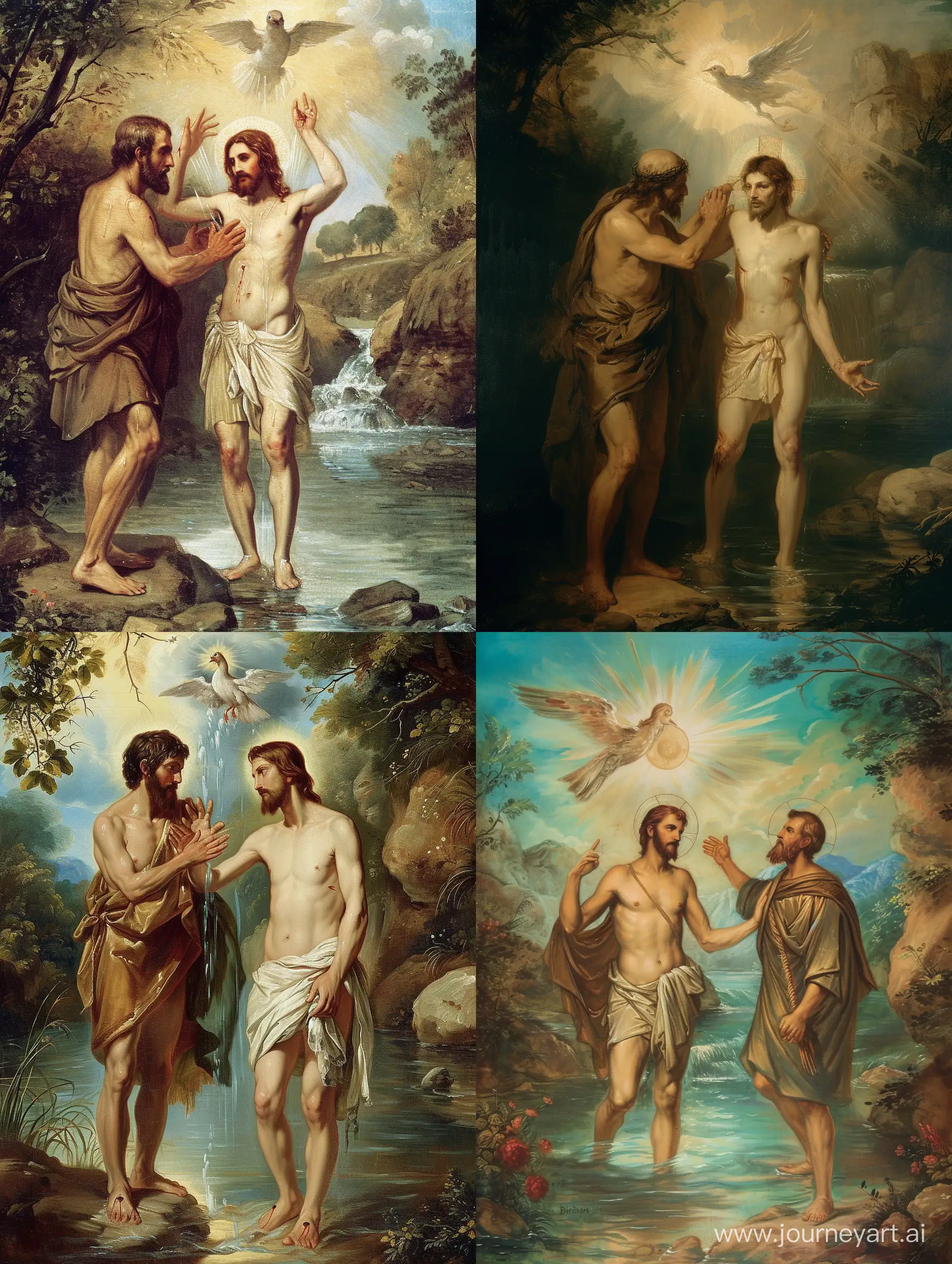 "Baptism of Jesus painting: John the Baptist, Jordan River, dove, divine revelation, religious symbolism."