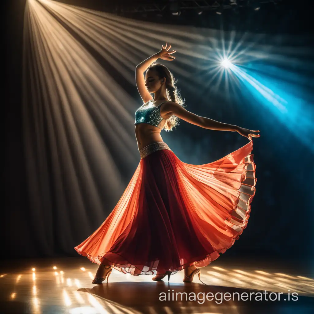 The girl in a long skirt dancing Latin dance, the stage lights shining on her