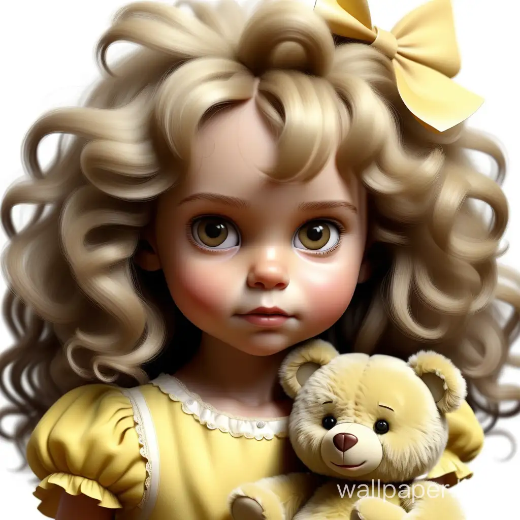 White background. Realistic 5-year-old girl. Fluffy hair. In a yellow dress. With a toy bear. High detail, high quality, Sharp, clear focus.