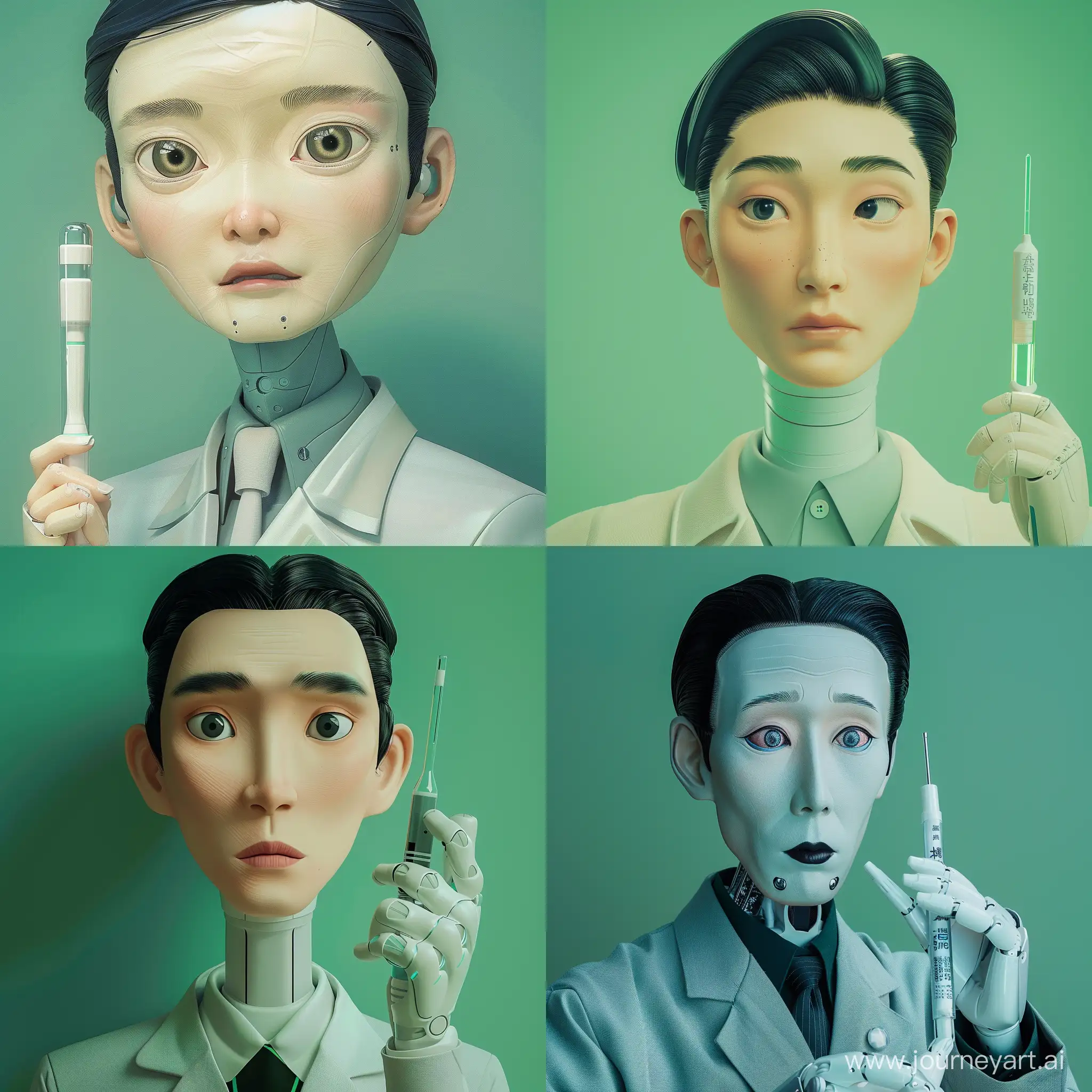 AI-Doctor-Elegant-Japanese-Android-in-Lab-Coat-with-Tube-on-Green-Background