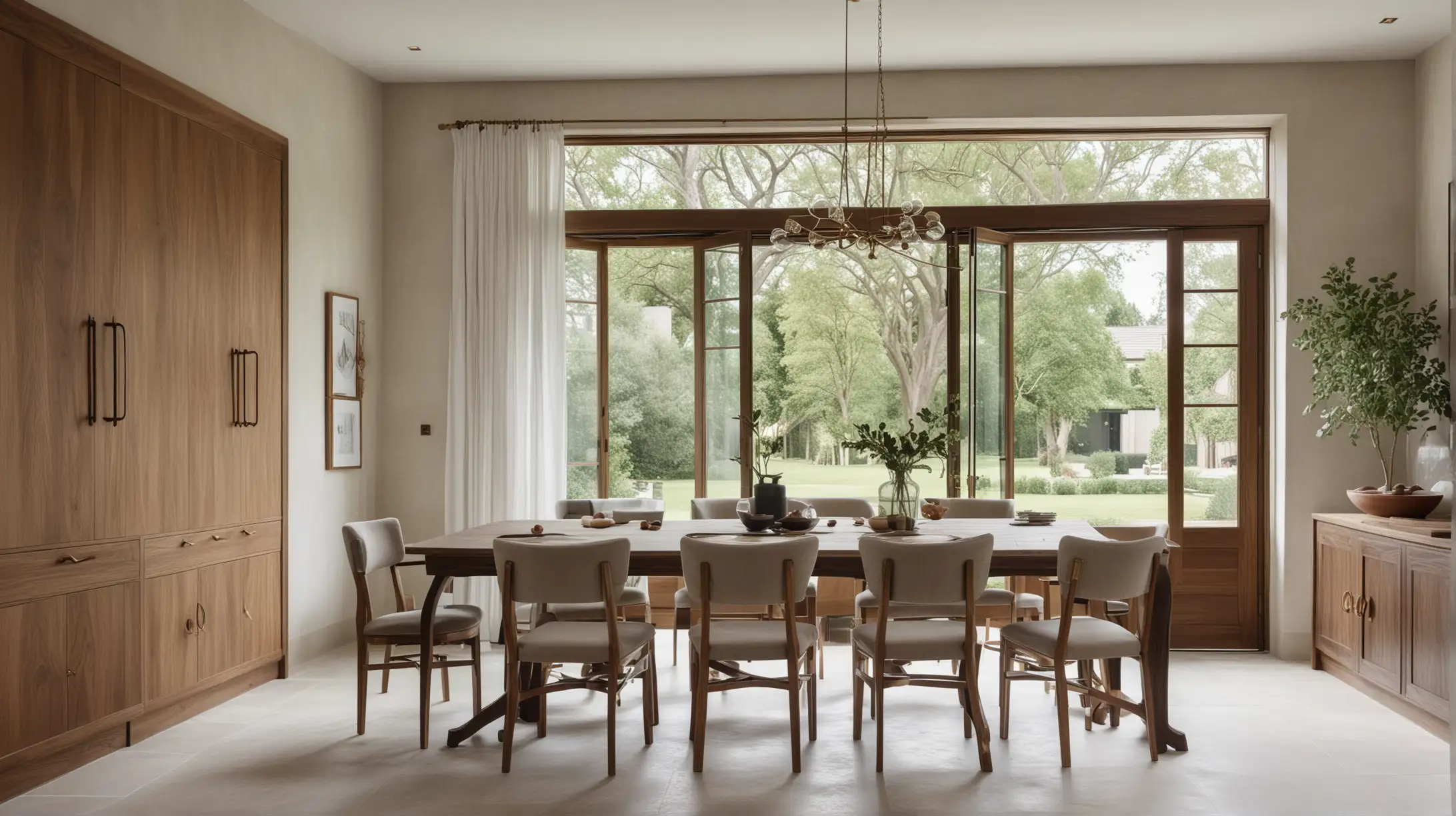 a large minimalist organic moody European farmhouse inspired home dining room; limestone floor, walnut wood cabinets, limewash painted walls, brass handles; large window overlooking the garden; glass fluted panel doors to the butlers pantry


