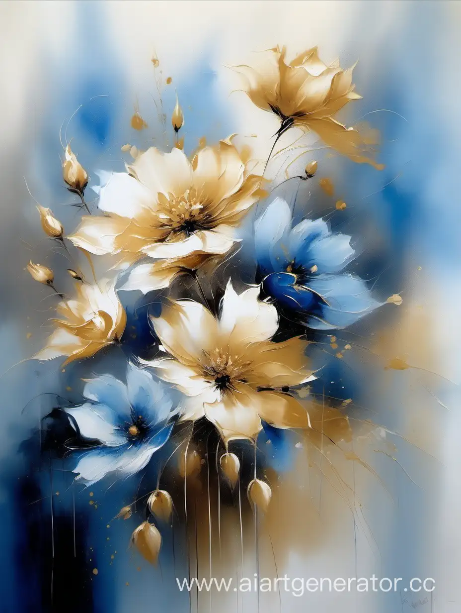 Blue and golden flower painting in the style of Willem Haenraets