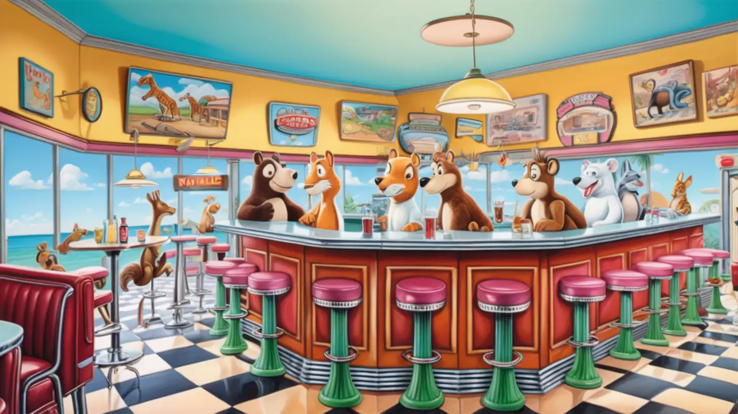 in bright colorful cartoon style, an image of the inside of a diner with a bar and bar stools filled with talking animals, similar to Natalie Curtiss artwork