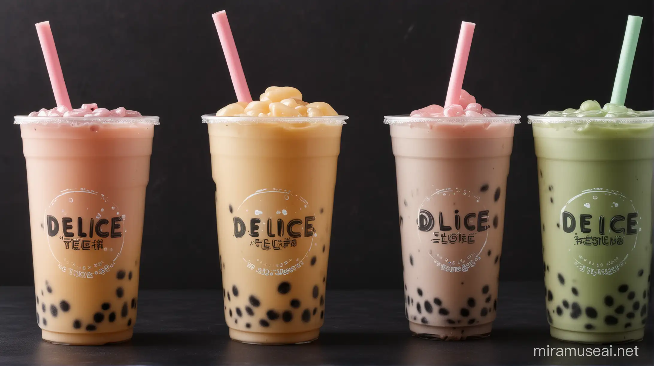 Colorful Bubble Tea Flavors with Delice Logo in Dark Mode