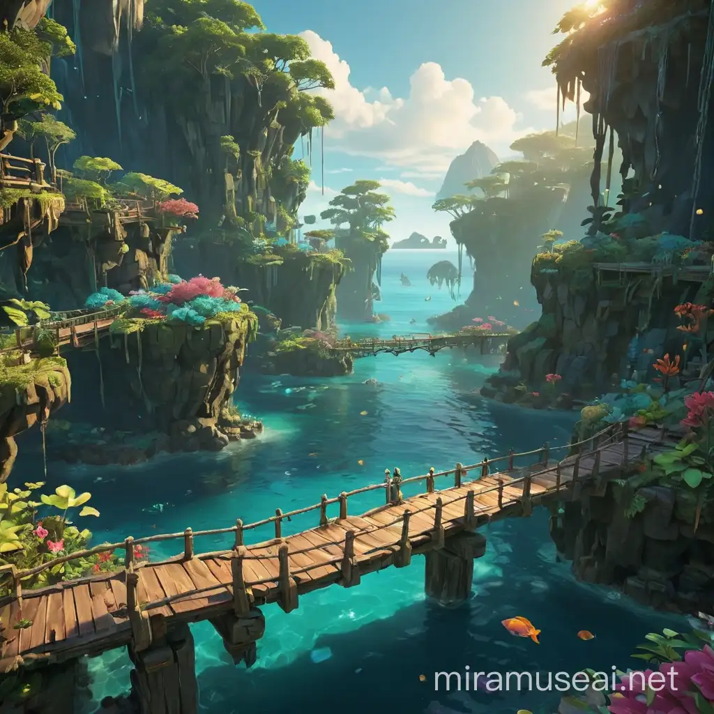 
A fantastical archipelago basks in a tropical sunset. Turquoise waters shimmer with bioluminescent plankton as vibrant islands, each an immersive app architecture style, emerge. The single-player island, a sculpted emerald, stands alone, waterfalls cascading down its slopes. A lone figure gazes out, reflecting the solitary nature of this world.

A majestic obsidian bridge, adorned with quartz crystals, pulses with data, connecting it to a bustling multiplayer island. Tiny, brightly clothed players traverse the bridge, eager to connect. There, a vibrant coral reef explodes with life, neon fish flitting through intricate formations, reflecting the dynamic multiplayer experience. Smaller, flower-woven bridges connect to other islands, symbolizing connections in social learning.

Further out, a sprawling archipelago represents massive multiplayer experiences. Weathered wooden bridges and bustling underwater tunnels connect numerous islands teeming with players in unique attire. This intricate network reflects the combined power of P2P and client-server communication.