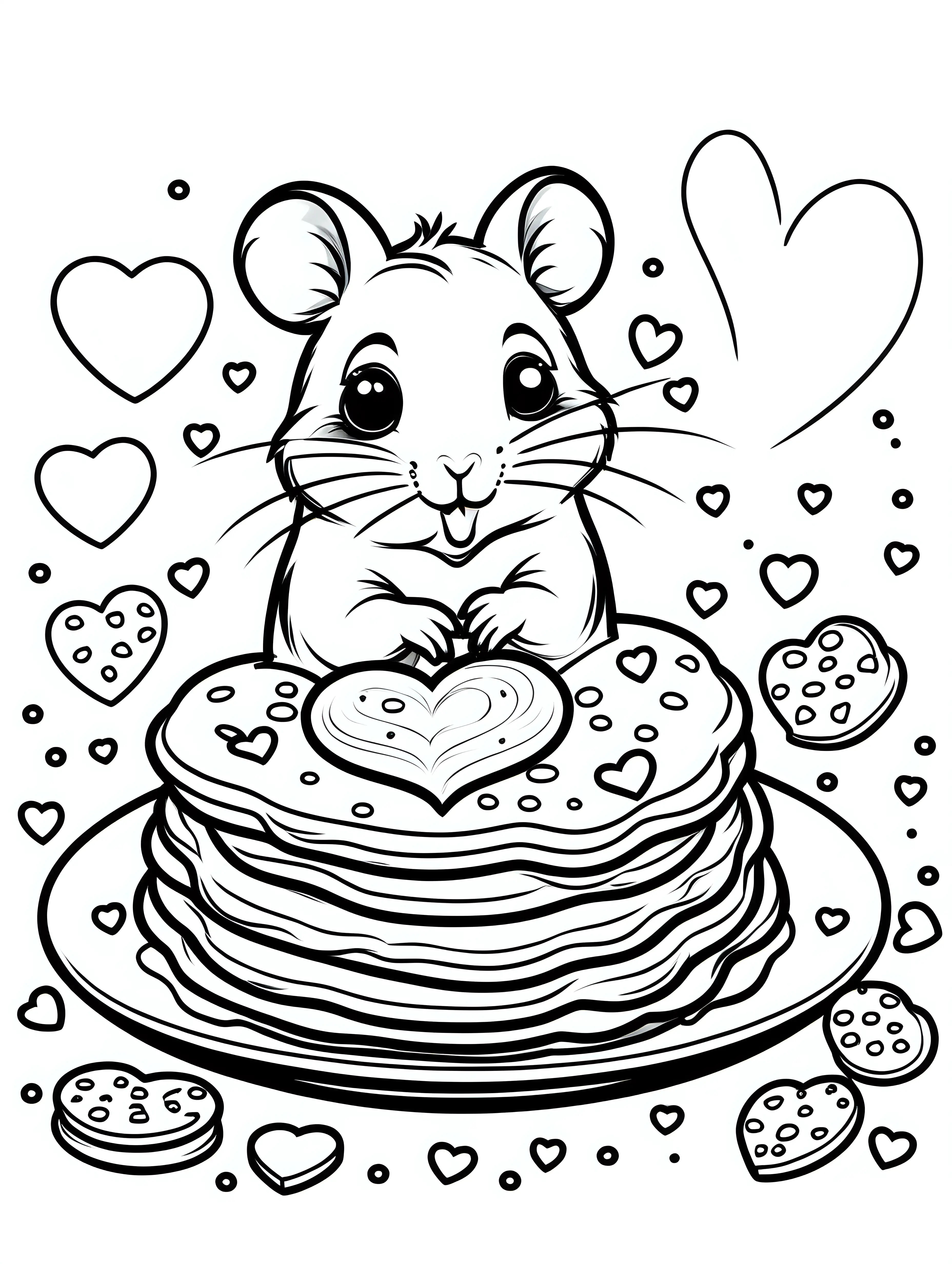 create a black line illustration children's coloring page of cute hamsters eating heart shaped pancakes. The pancakes are topped with whipped cream and heart sprinkles. Use crisp black outlines, no shading. 