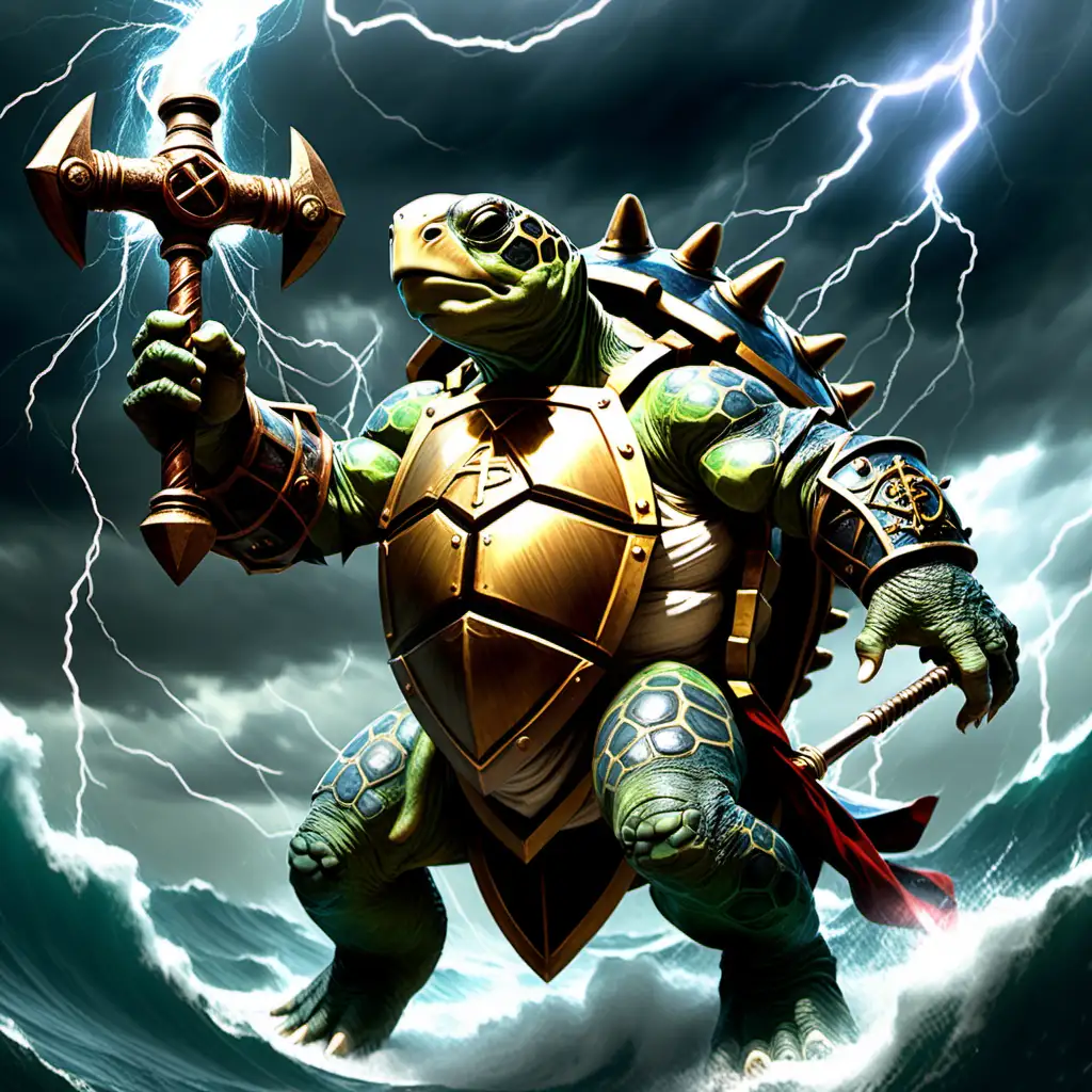 Storm cleric tortle breathing lightening and holding an anchor like a war hammer
