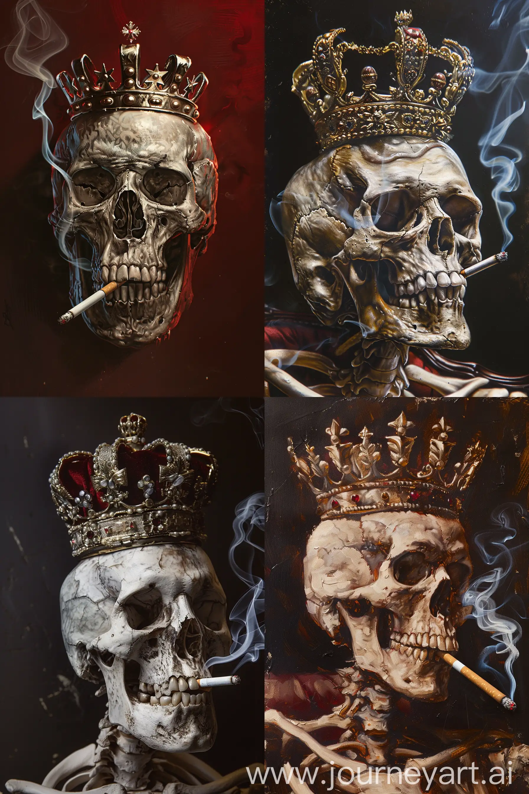  a portrait of the skull of a king with a crown smoking a cigarette by Alec Monopoly --ar 2:3