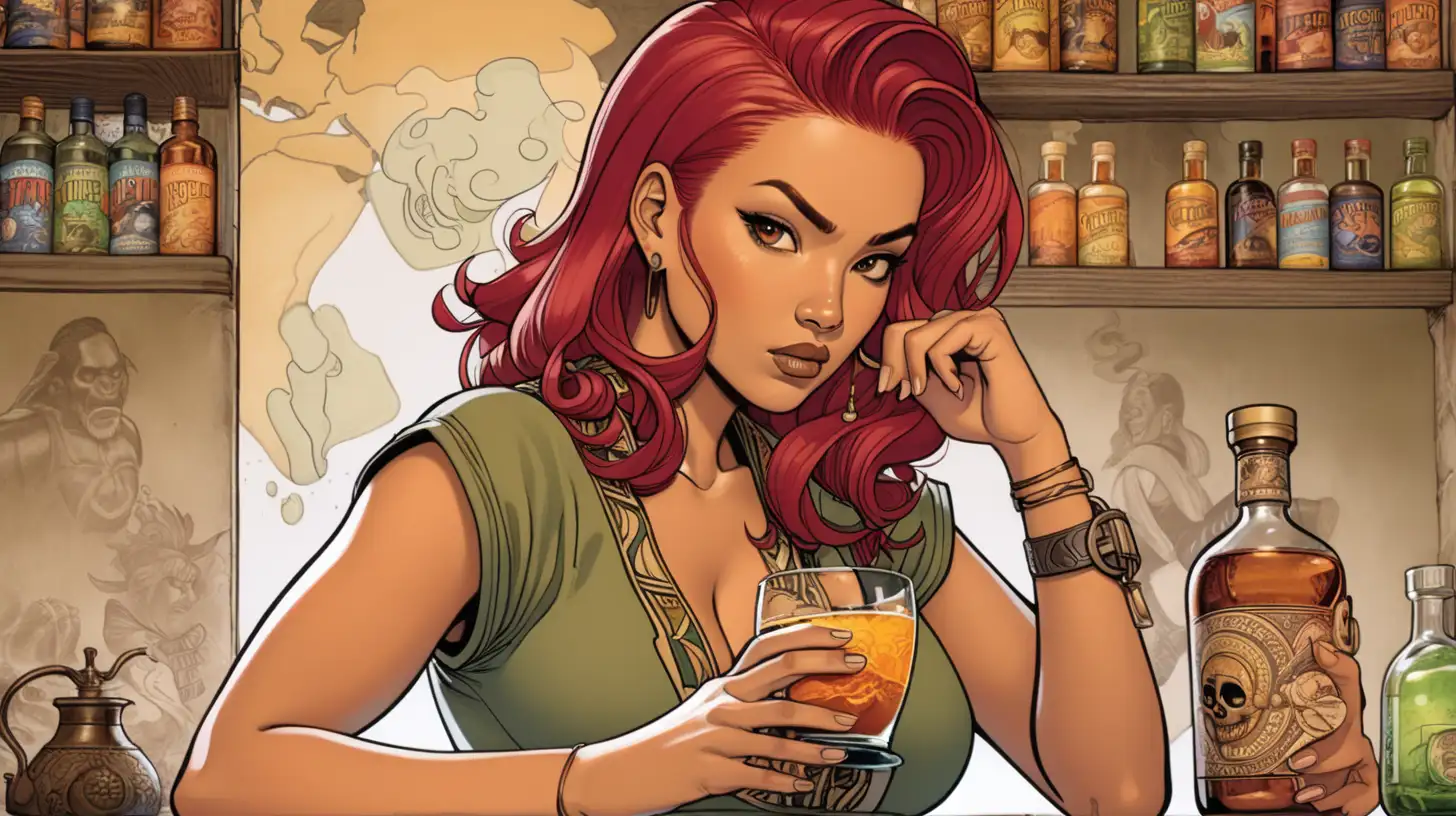 latina woman with red hair, plotting, holding poison, poisoning a drink, asian-influence, african-influence, comic book style, in color, earth tones