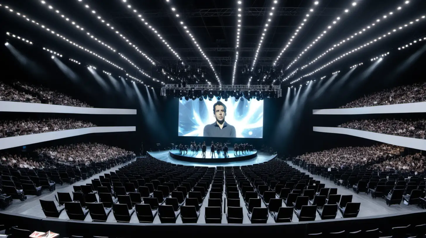 Dynamic CrowdFilled Modern Hall with Central Stage and Vibrant Screens