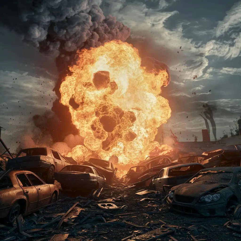 a large explosion destroys a junkyard full of broken cars