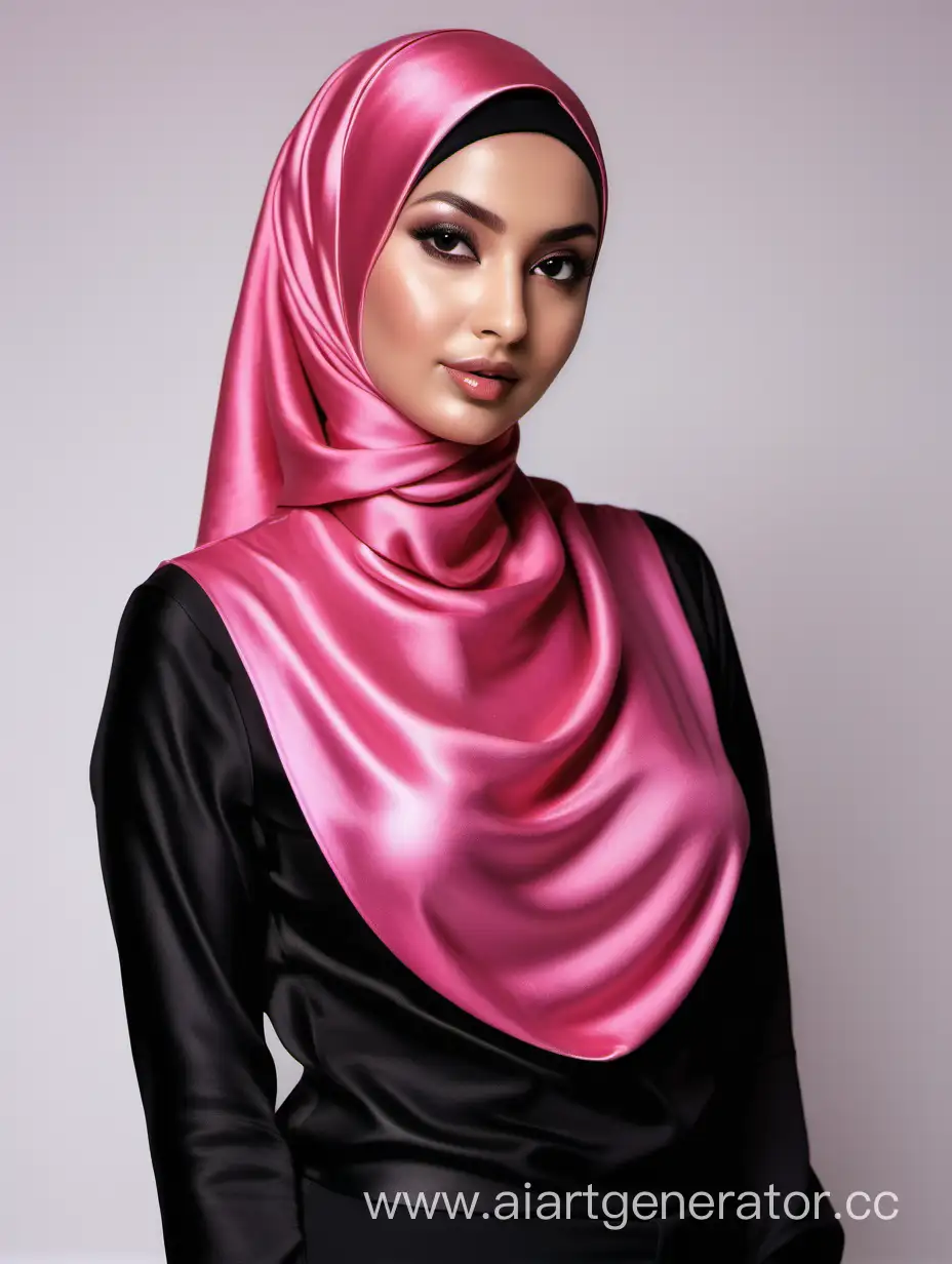 Женщина, темно-розовый атласный хиджаб, черная атласная рубашка, пышная фигура, вид спереди