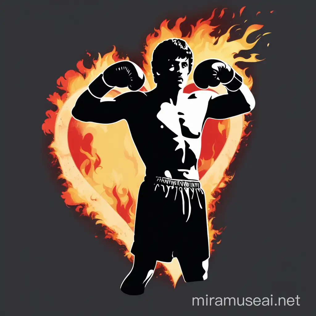 Silhouette of Rocky Balboa Pointing with Burning Heart and Boxing Gloves