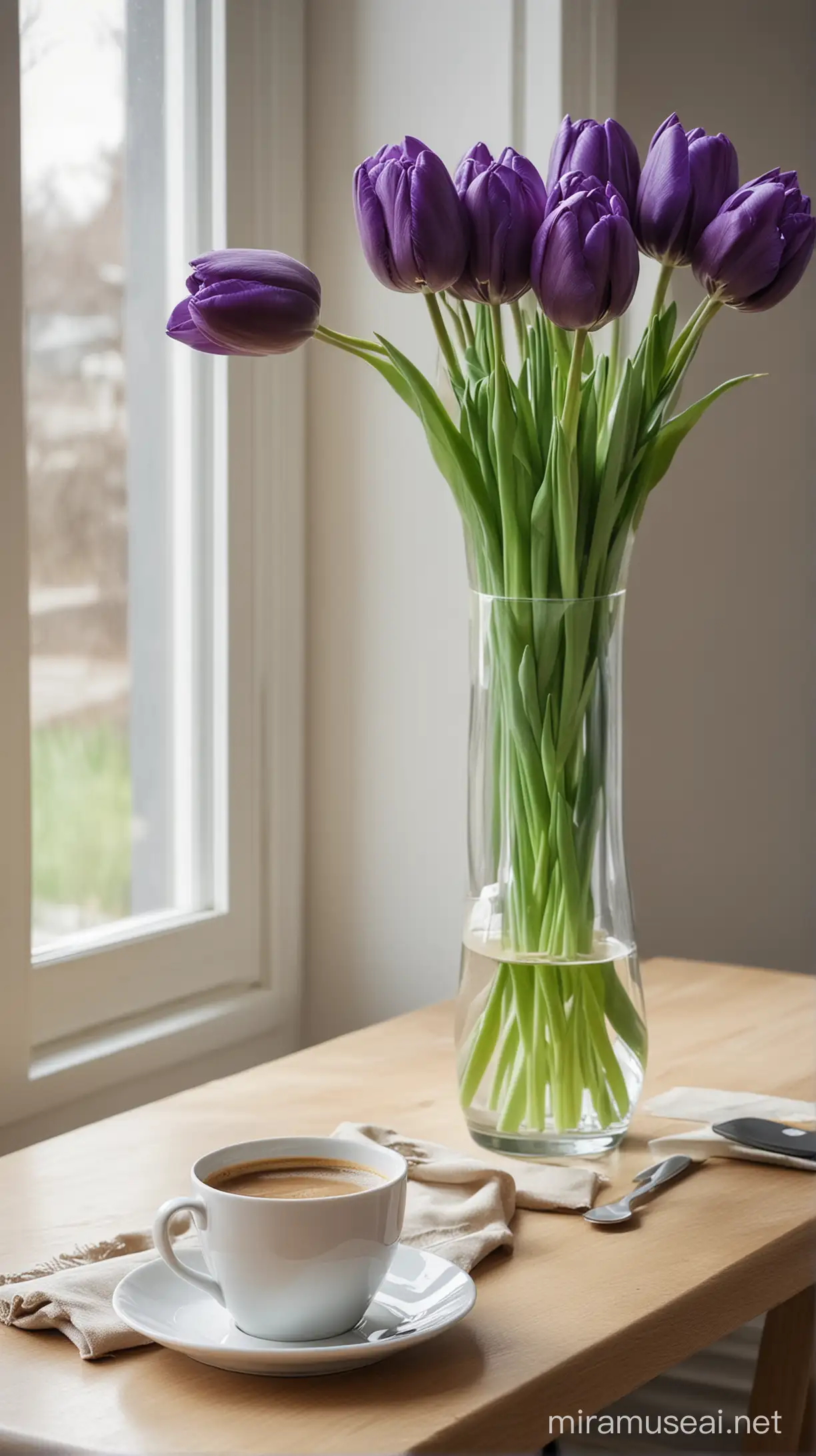 Váza,lone fialové tulipány ,stôl ,šálka kávy