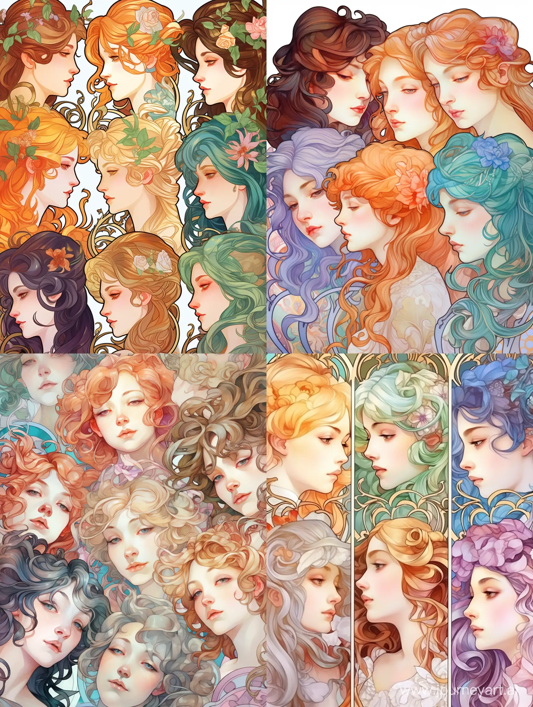 Patten of portraits of men, women, children with different emotions, transparent colors, Alphonse Mucha style