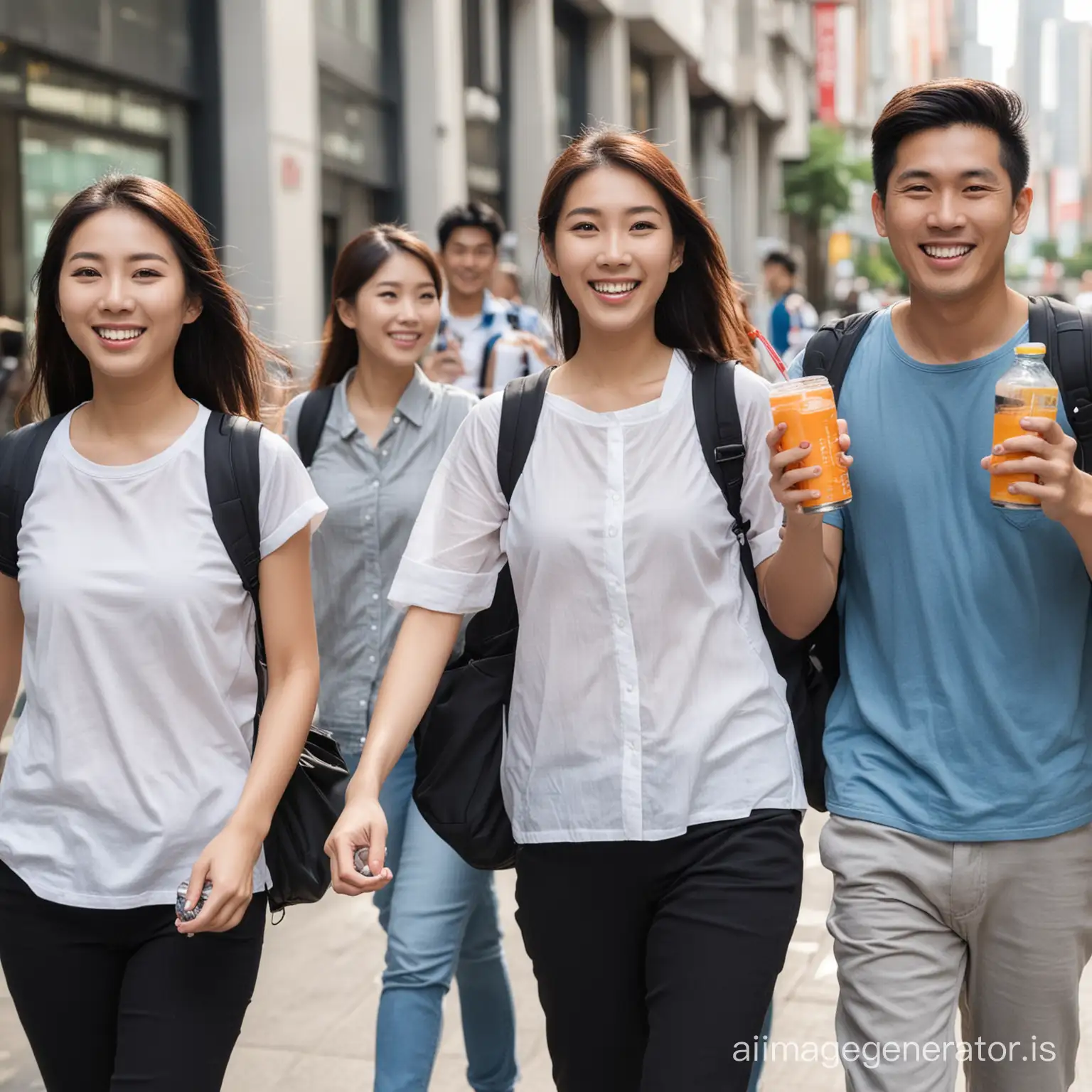 group of asian walking in the city with confidence, one hand hold energy drink and smile
