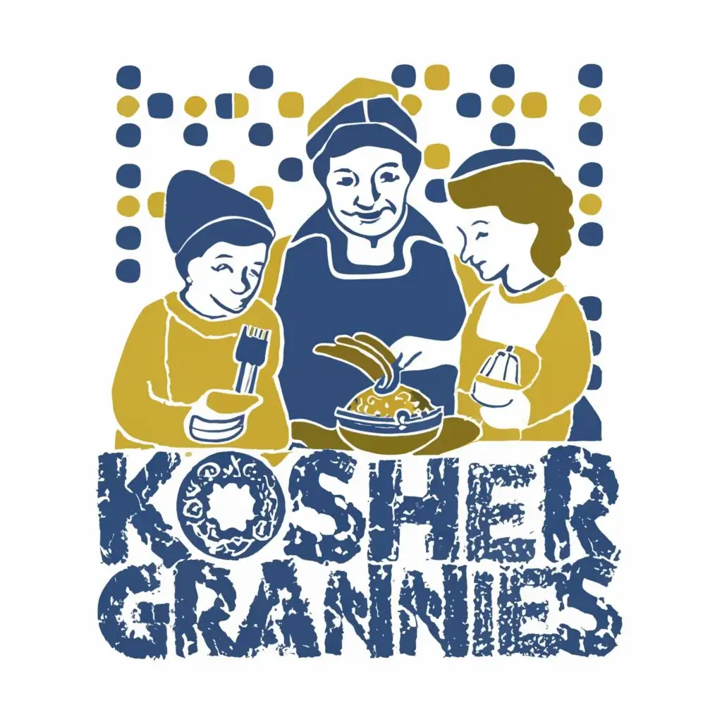 logo, Israel, yellow, blue, white, Jewish food and granny feeding family, Paul Klee, with the text "Kosher Grannies", in Portuguese tiles, typography, be used in Automotive industry