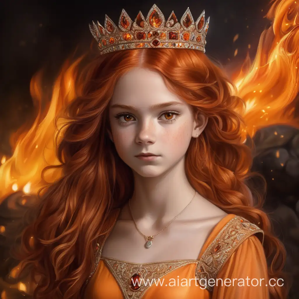 Королева огня 14 лет с рыжими волосами, карие глаза, пышное оранжевое платье с украшениями, на голове корона, на фоне огонь, максимальная реалистичность 