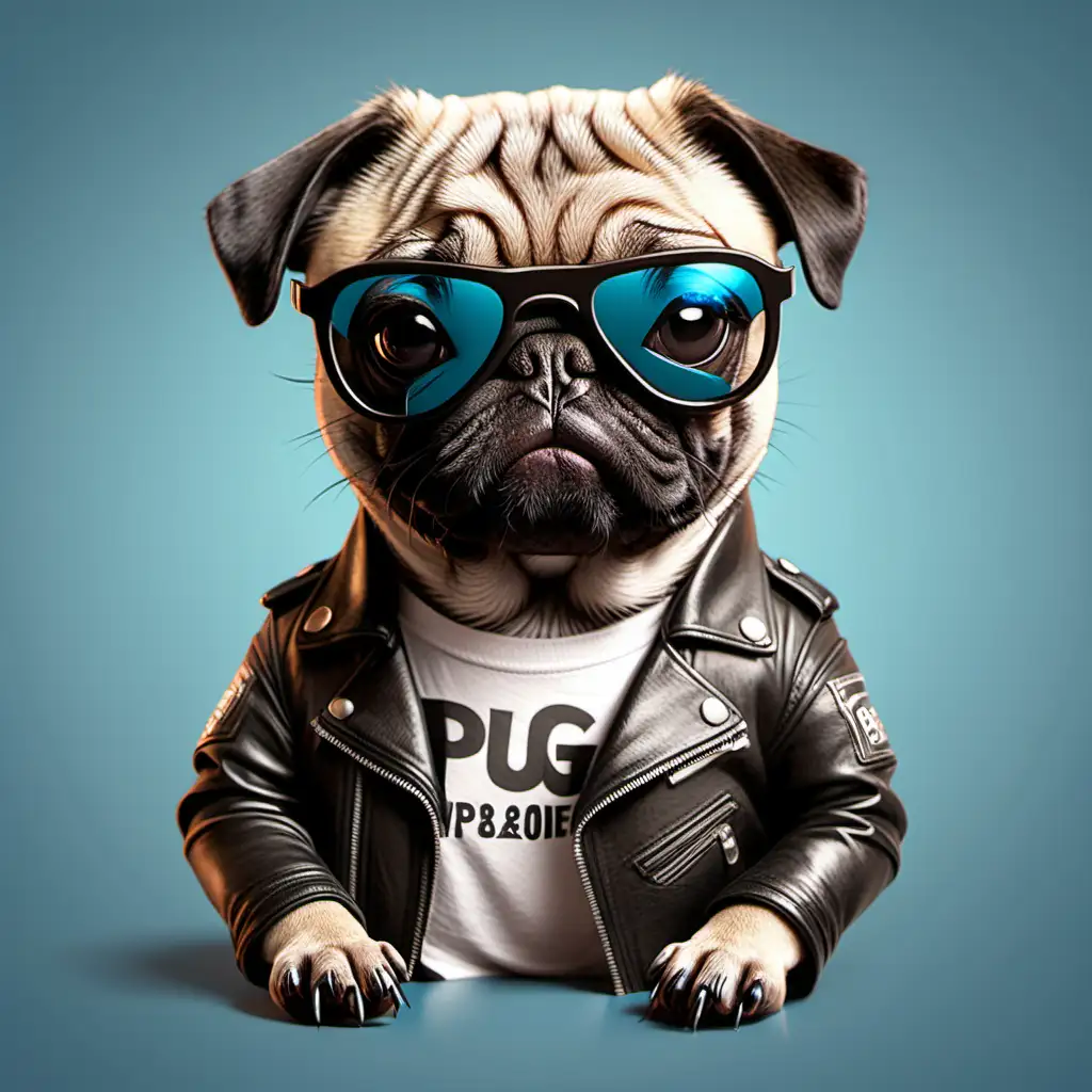 cartoon pug wearing sunglasses and a leather jacket, t-shirt design --ar 2:3 --v 5.2