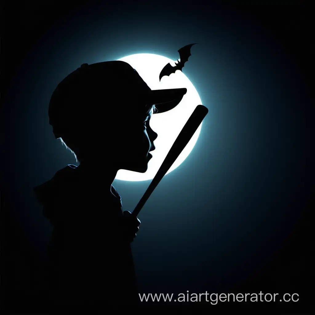 Profile-of-a-CapWearing-Boy-with-a-Bat-in-Dark-Silhouette