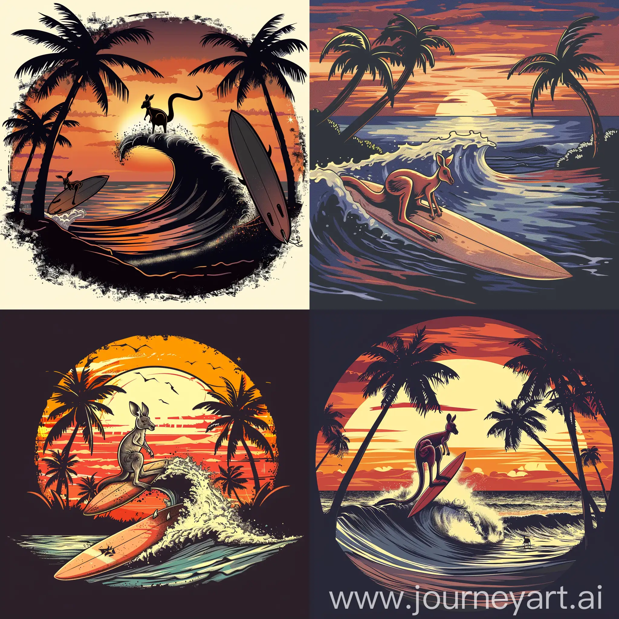 Cartoon 90s surf art surfboards kangaroo on a wave palm trees sunset