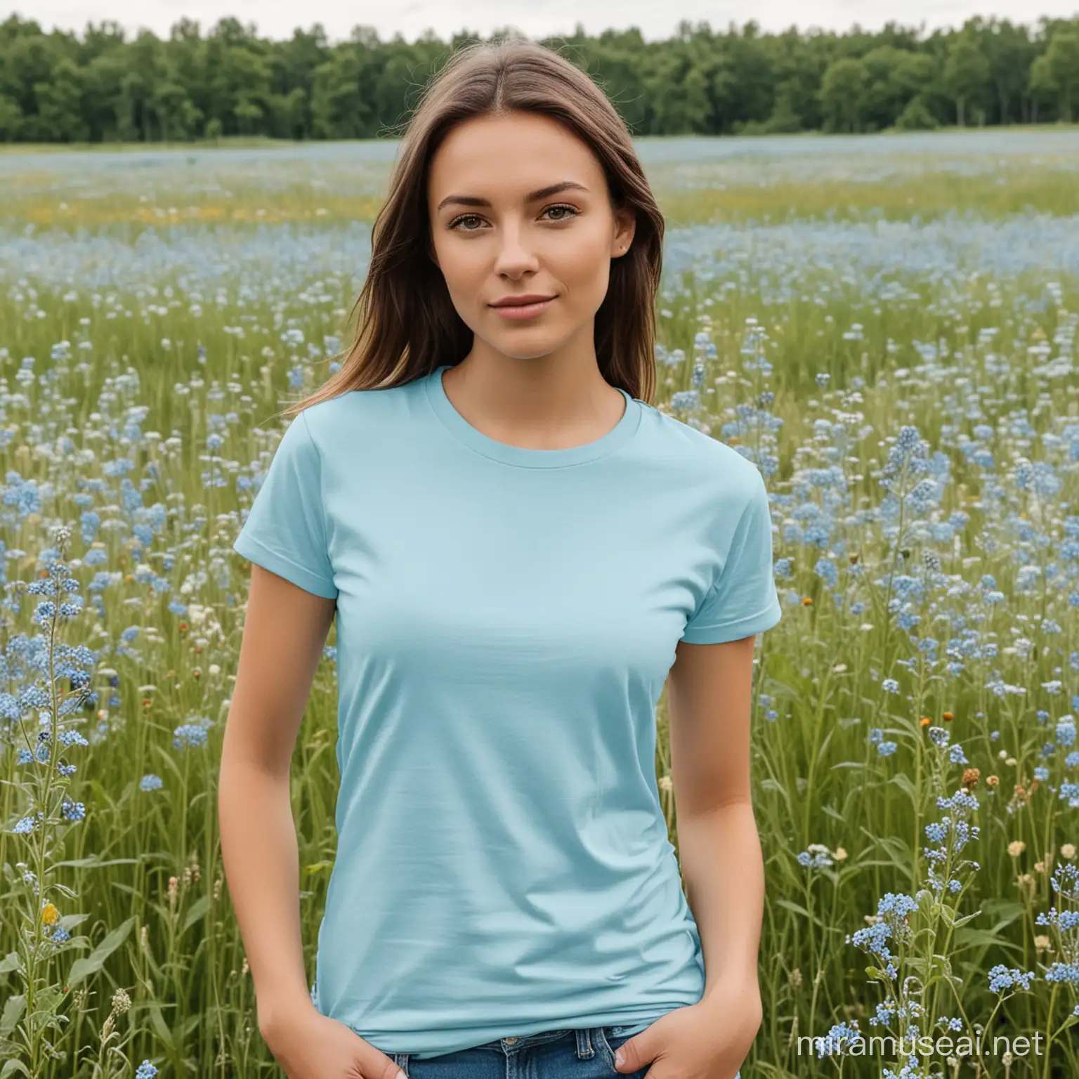 Bella+Canvas 3001 t-shirt mockup,  light blue color, blank t-shirt, young woman standing in a field wildflowers