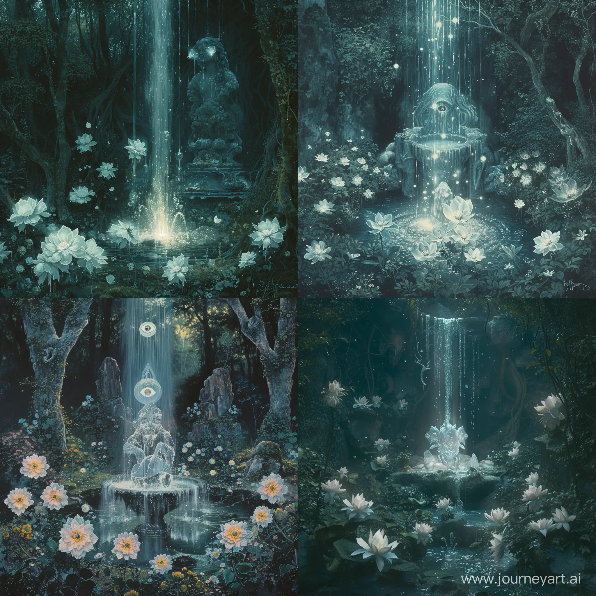 a fountain of immortality, Hidden within the heart of an ancient, overgrown forest, the fountain emanates a soft, ethereal glow, casting a perpetual twilight upon the sacred grove, Surrounding the fountain are blooming celestial flowers with petals that shimmer like liquid silver, The waters of the fountain cascade from a crystalline statue depicting an otherworldly being, its eyes holding the secrets of eternal life,1970's dark fantasy style, gritty,  vintage, detailed