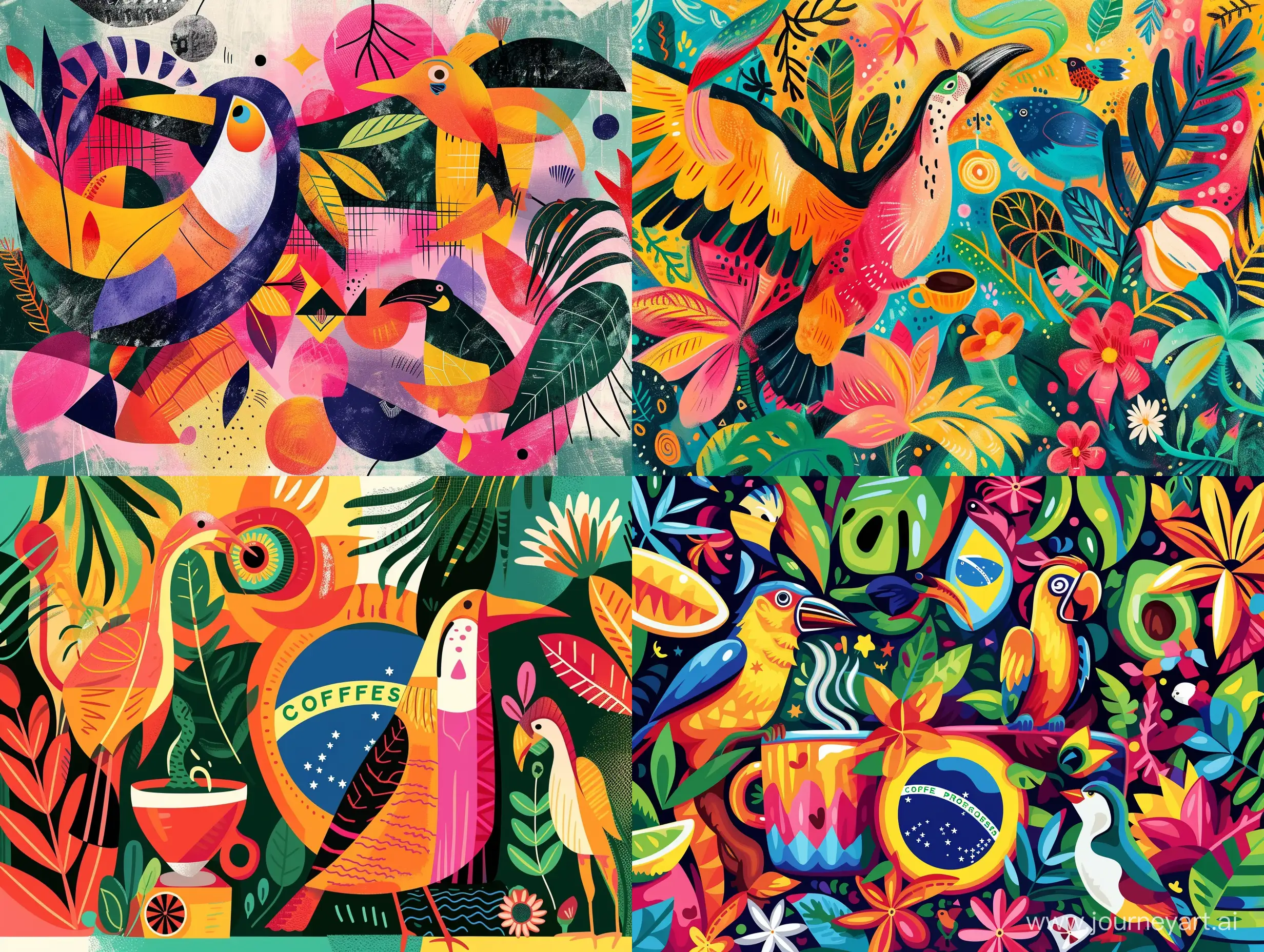 яркая и сочная иллюстрация в стиле современная абстракция нарисованная кистями в Photoshop из символов Бразилии и кофе, животных и птиц Бразилии.