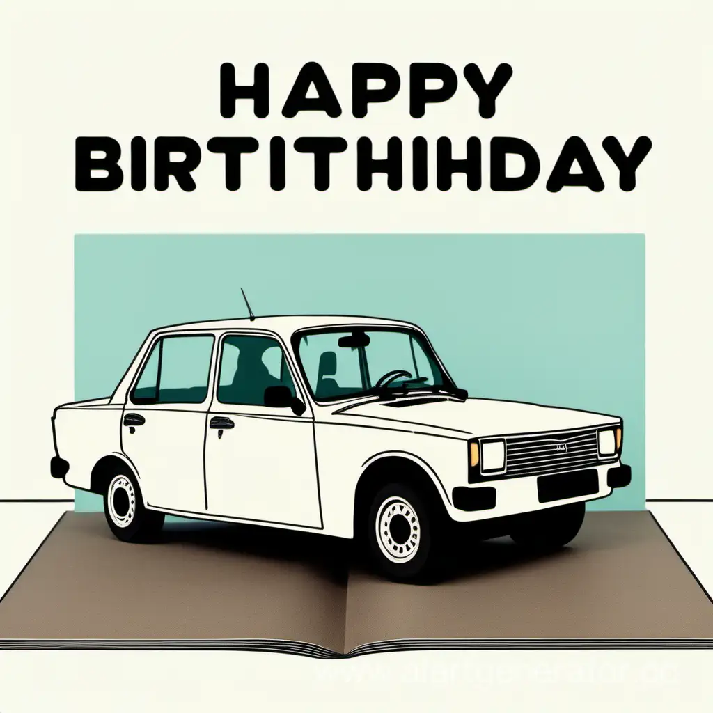 Сгенерируй открытку ко дню рождения. На открытке нарисована современная машина Лада, на полу лежат темные резиновые коврики. Фон светлый, яркий. Сверху написано «с днём рождения!» белым цветом.