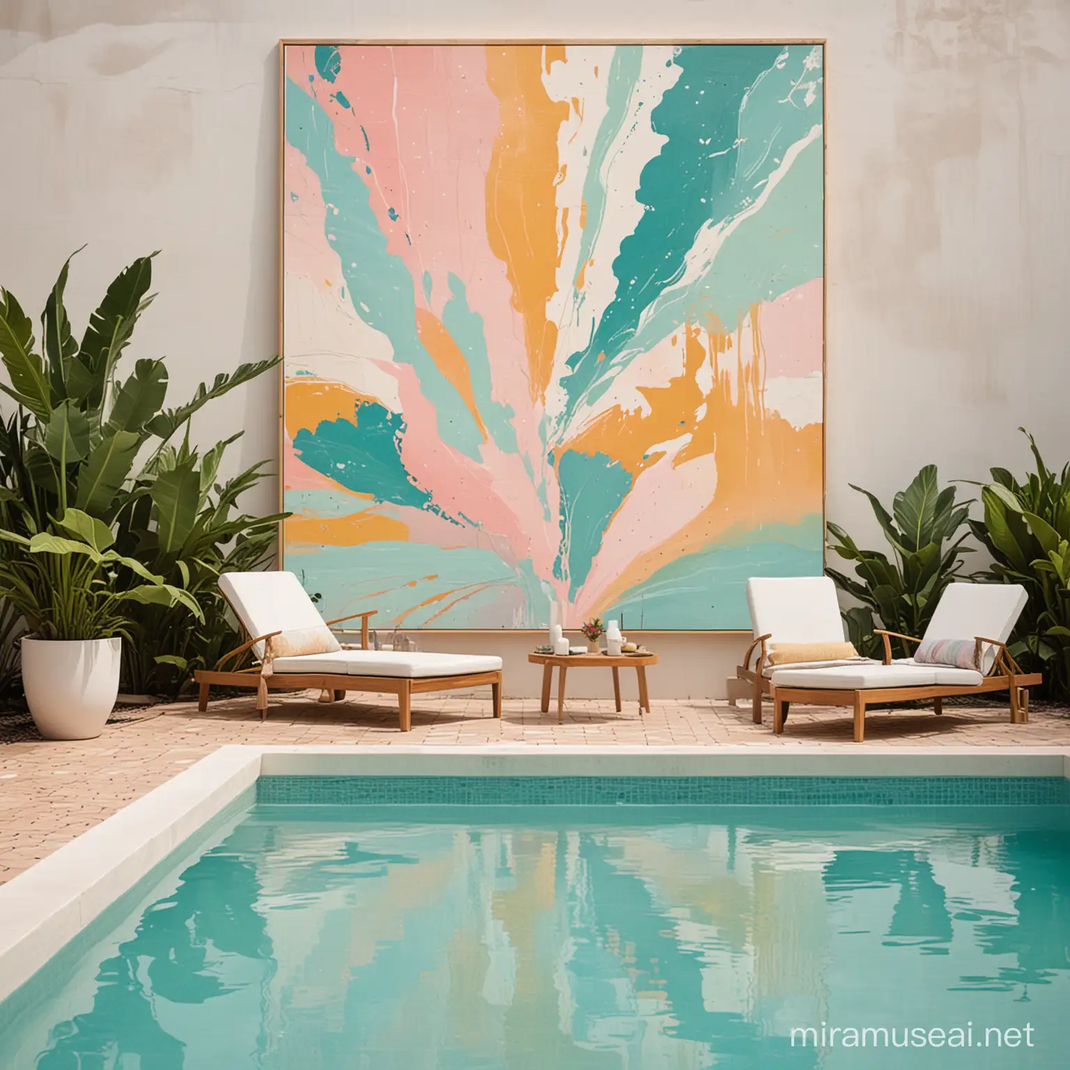 abstract painting, poolside in brazil, soft colors with splashes of contrast, psychedelic, lounge inspired