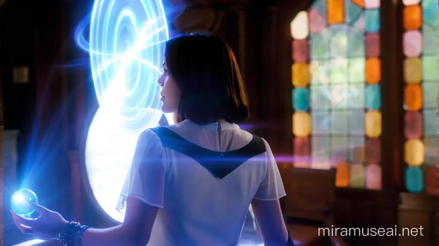 Piper from Charmed using powers to teleport both her sisters away with orbing power, which is seen in the photo.  The background is magic school.