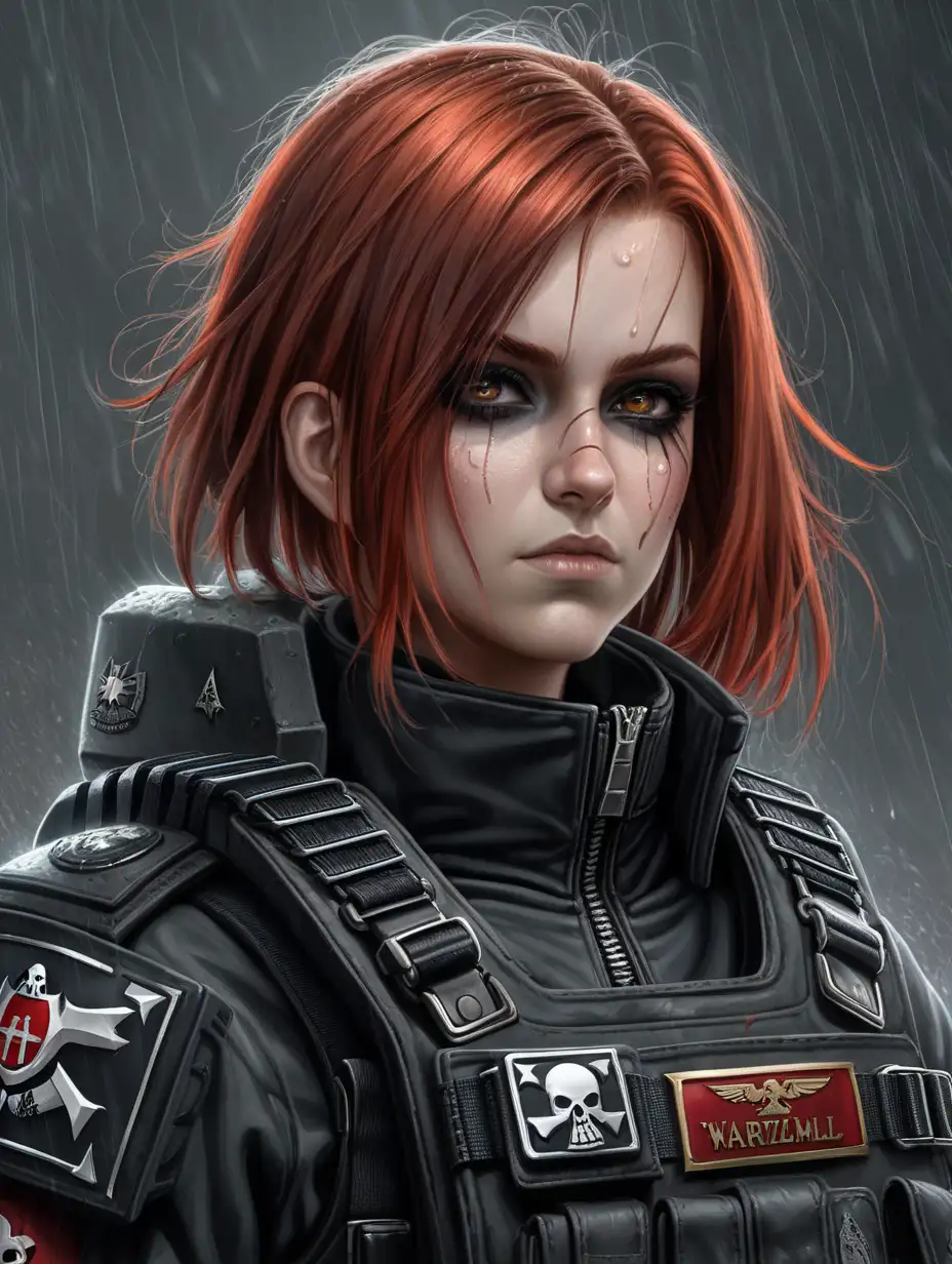 Setting is Warhammer 40K. Young attractive Norwegian commissar woman. She has a short chin length haircut. The hair from the top of her head, parts to both sides of her head. Her hair is raven black colored with light red red hair tip highlights. Her space black uniform jacket fits perfectly under her plate carrier rig. She has black eyeshadow. She has ghost pale skin. She is wearing a plate carrier rig with a lot of pouches and shoulder straps. Background scene is a dark Warhammer 40K warzone in a torrential rainstorm. Her uniform fatigues have a chin high collar wind gaiter top. Her hair is soaking wet and messy. Her plate carrier rig is drab brown colored. All of her uniform is soaking wet. Her uniform is all space black.