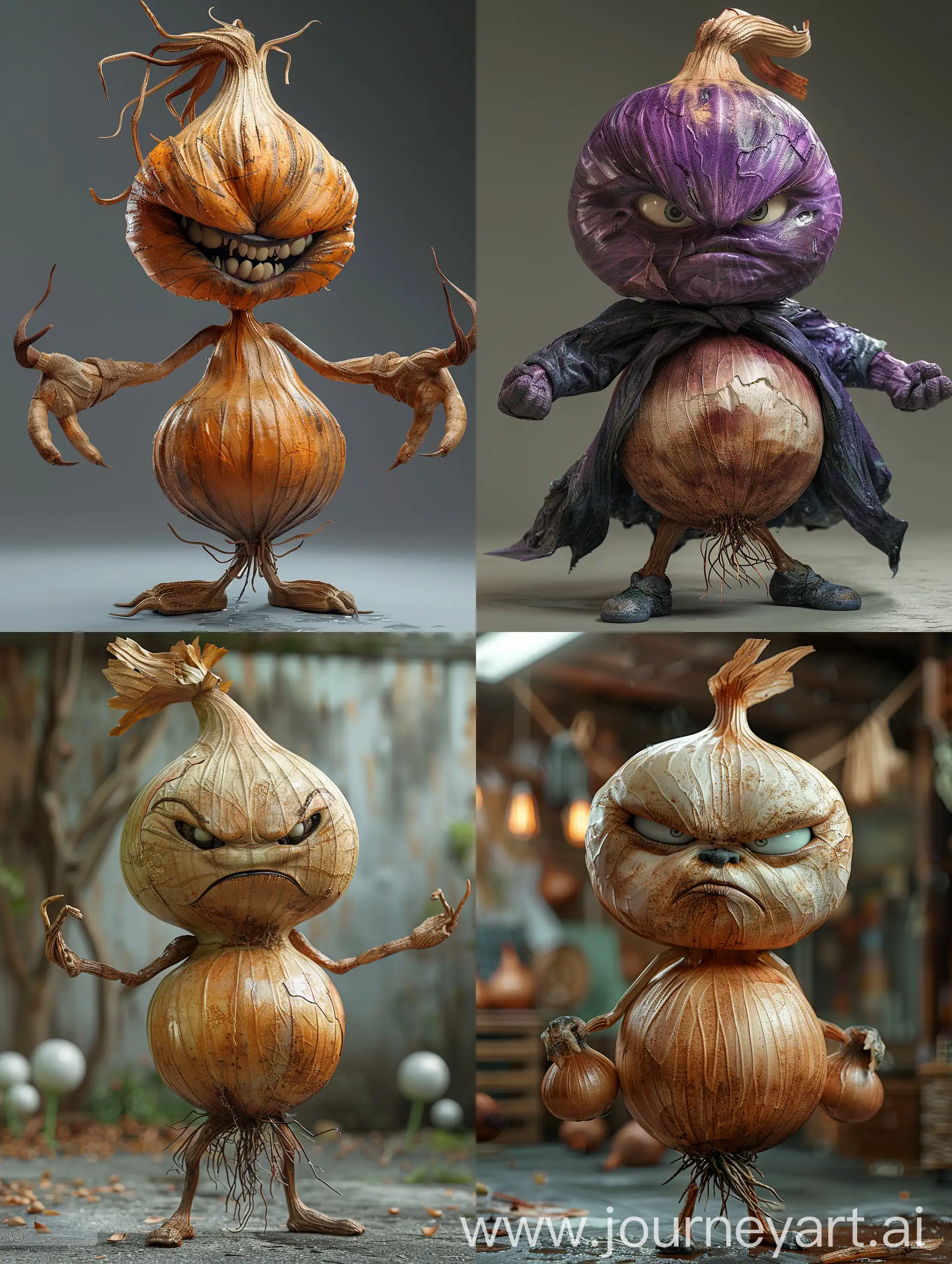 Humanoid (anthropomorphic) Ferocious onion in the role of a supervillain wants to destroy all the good bulbs, anthropomorphic bow is a supervillain in a supervillain costume, full pose, full body, anthropomorphic bow looks evil and dangerous, high detail, high definition, high resolution, bright colors, 3d render, Octane render --s 450 