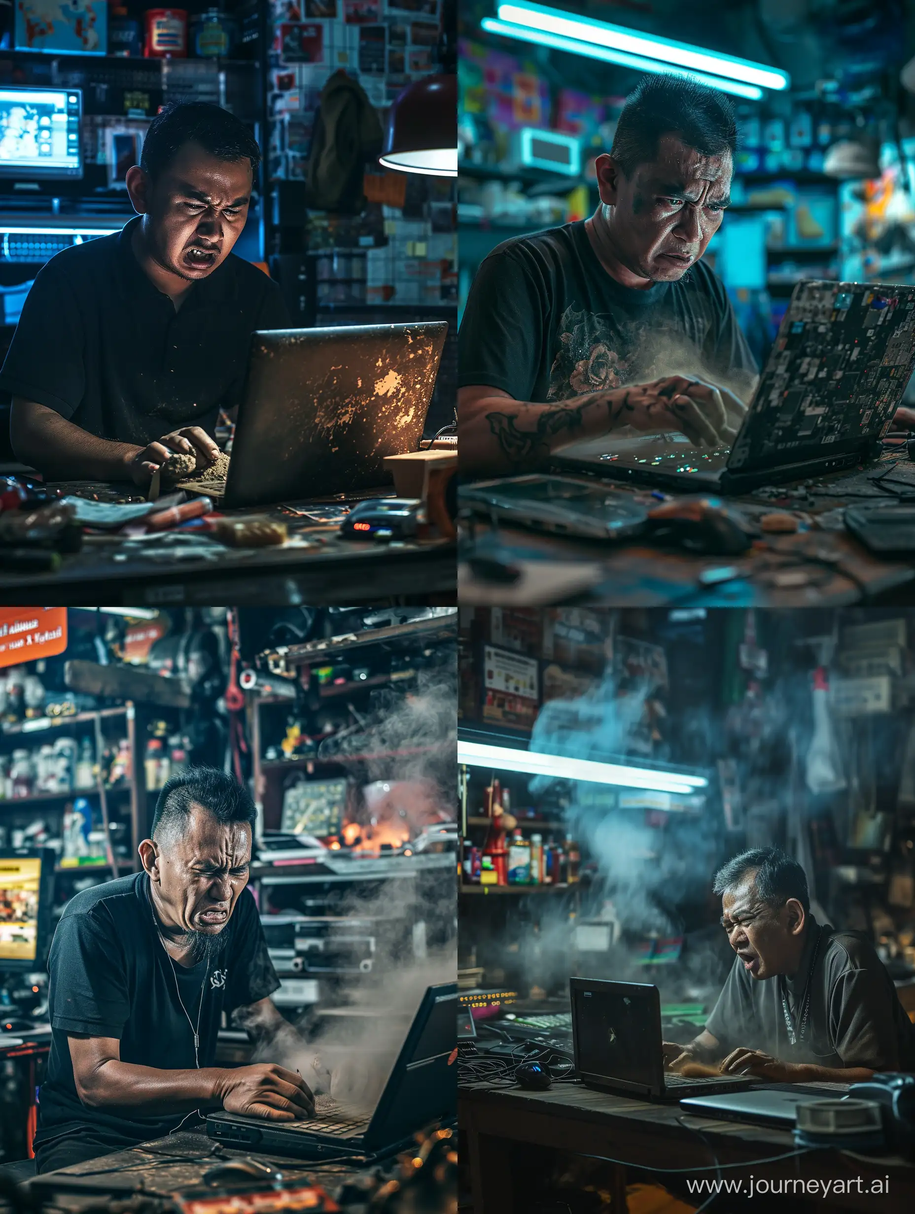 ultra realistic, angry malay technician repairing dusty laptop, modern computer shop, canon eos-id x mark iii dslr --v 6.0