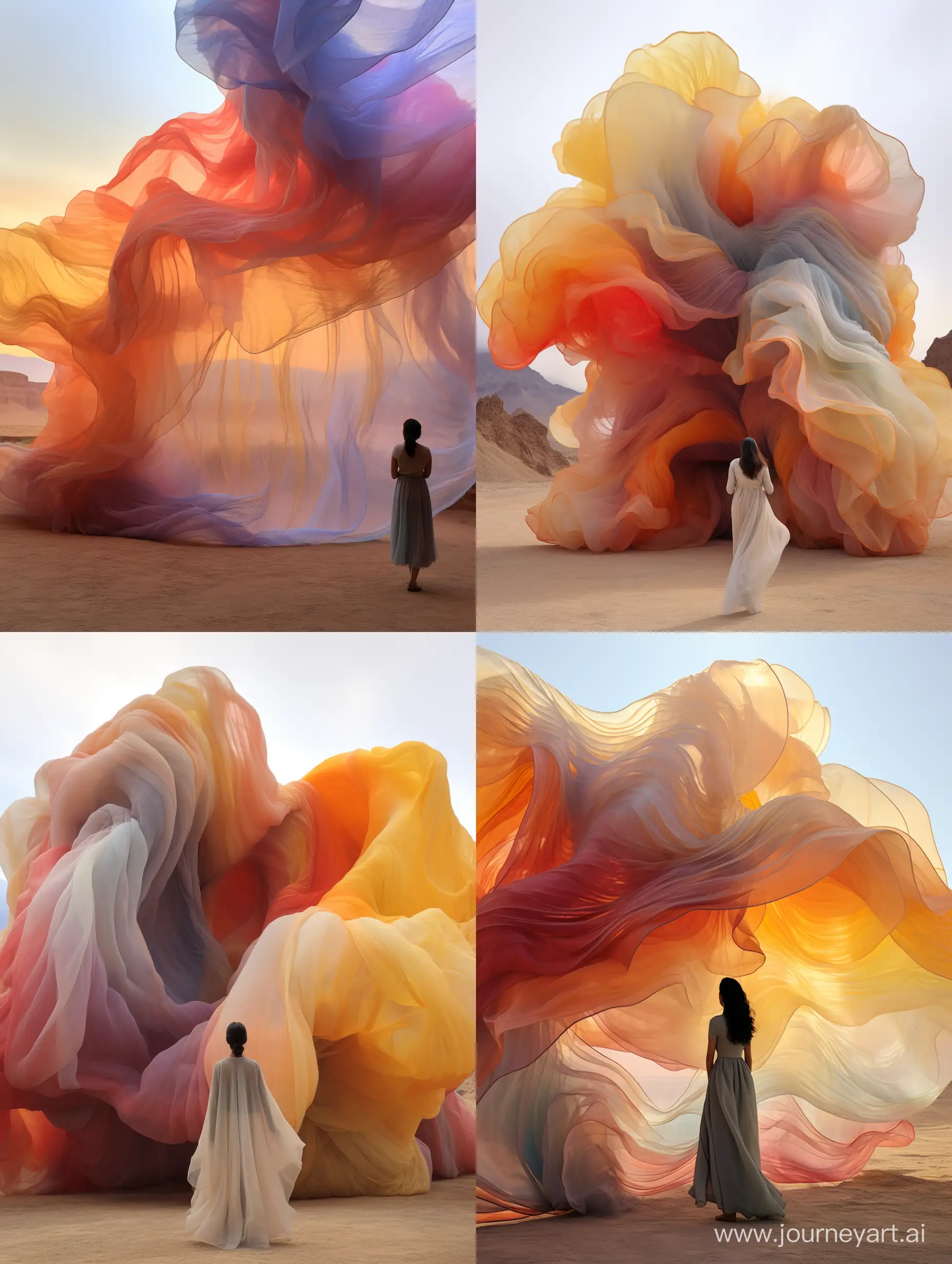 a woman stands outside a big, colorful sculpture, in the style of gauzy atmospheric landscapes, desertwave, transparent/translucent medium, organic formations, photography installations, use of fabric, i can't believe how beautiful this is --s 250