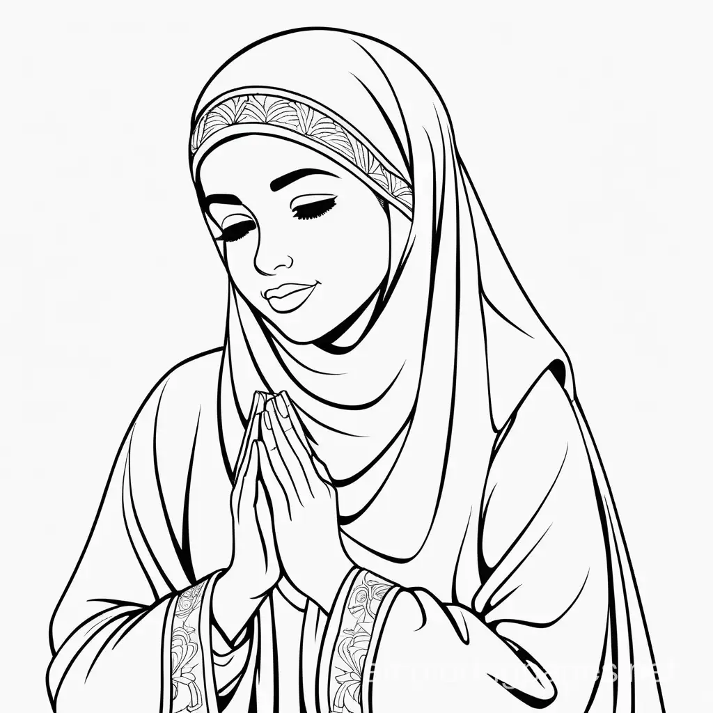 praying muslim woman, Coloring Page, black and white, line art, white background, Simplicity, Ample White Space. The background of the coloring page is plain white to make it easy for young children to color within the lines. The outlines of all the subjects are easy to distinguish, making it simple for kids to color without too much difficulty