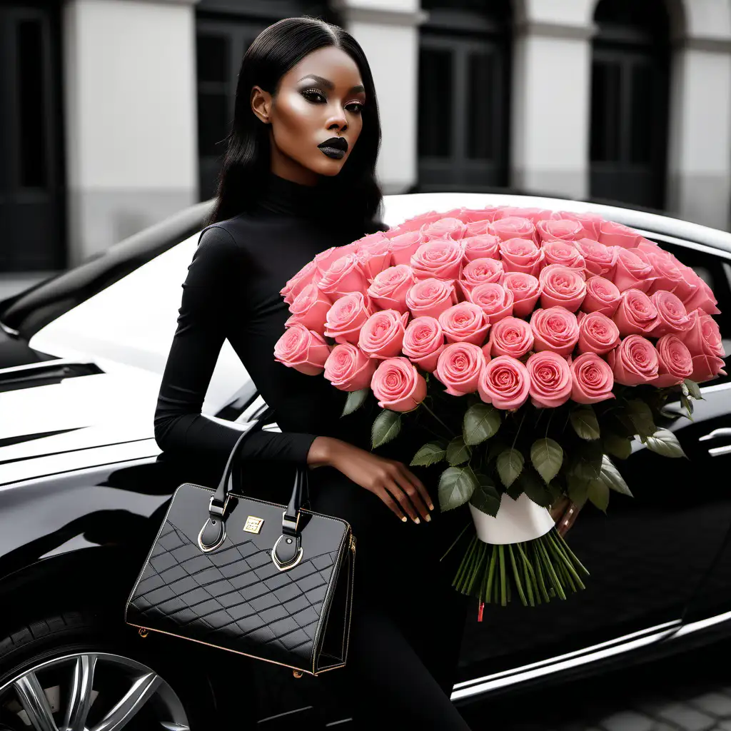 MZ brand, luxury fashion, black race model , Luxury environment , luxury bag , luxury car , large rose bouquet 