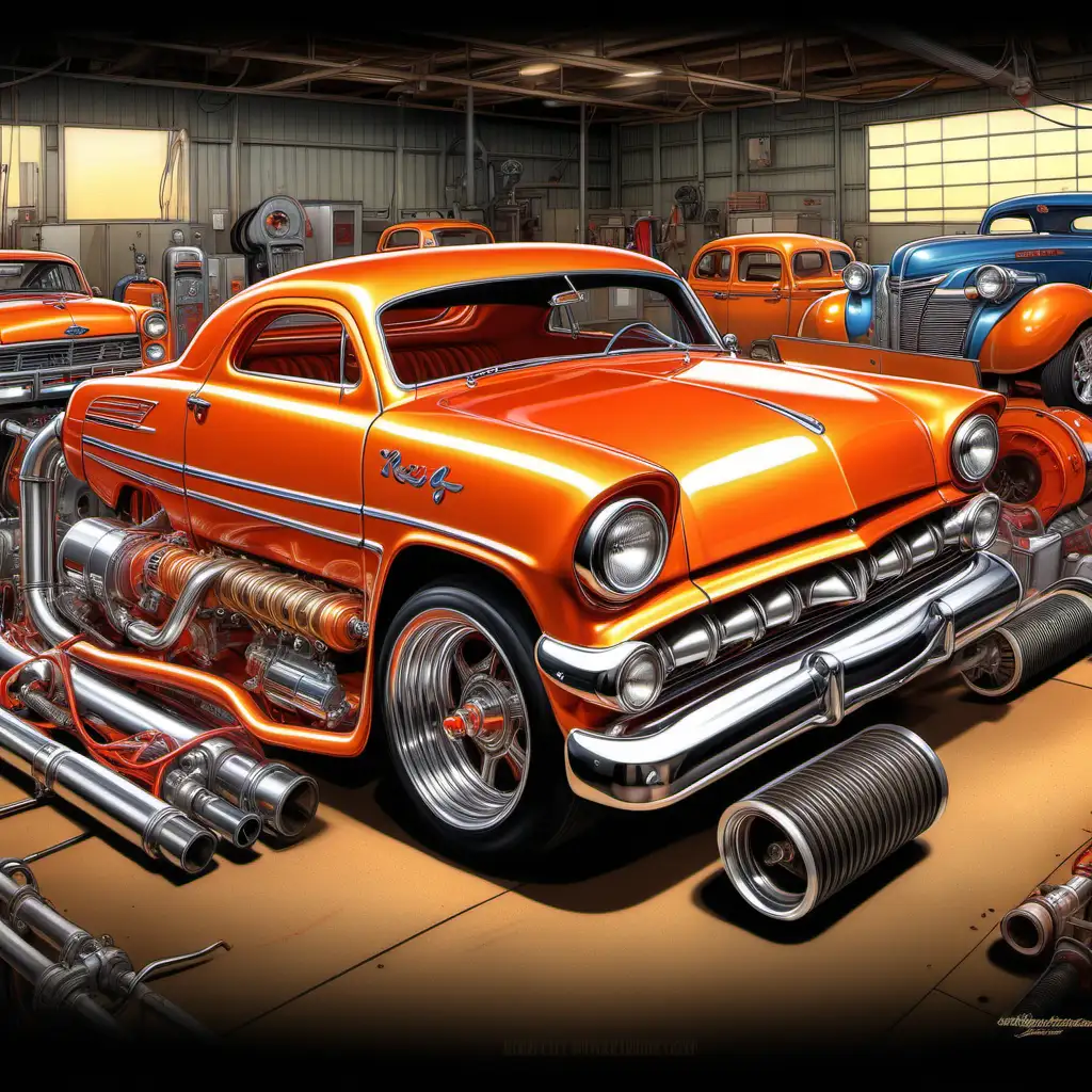 artwork by Big Dogg, 50s,60s rock and roll album cover, full hd color concept art drawing, (one long massive orange i934 ford 3 window coupe with big blower v8 engine:1), standing on floor, blower, supercharger, conveyor belts, nos, gauges, turbos, tubes, pipes, plumbing, cables, wires, air cleaner, oil cooler, intakes, kustom kulture, true light, hires, 16k, rich colors.