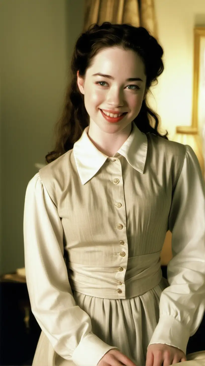 Anna Popplewell, sourire d'ange,, dans chambre d'étudiant très bien éclairée, pose très érotique, tenue de femme bourgeoise de 1990